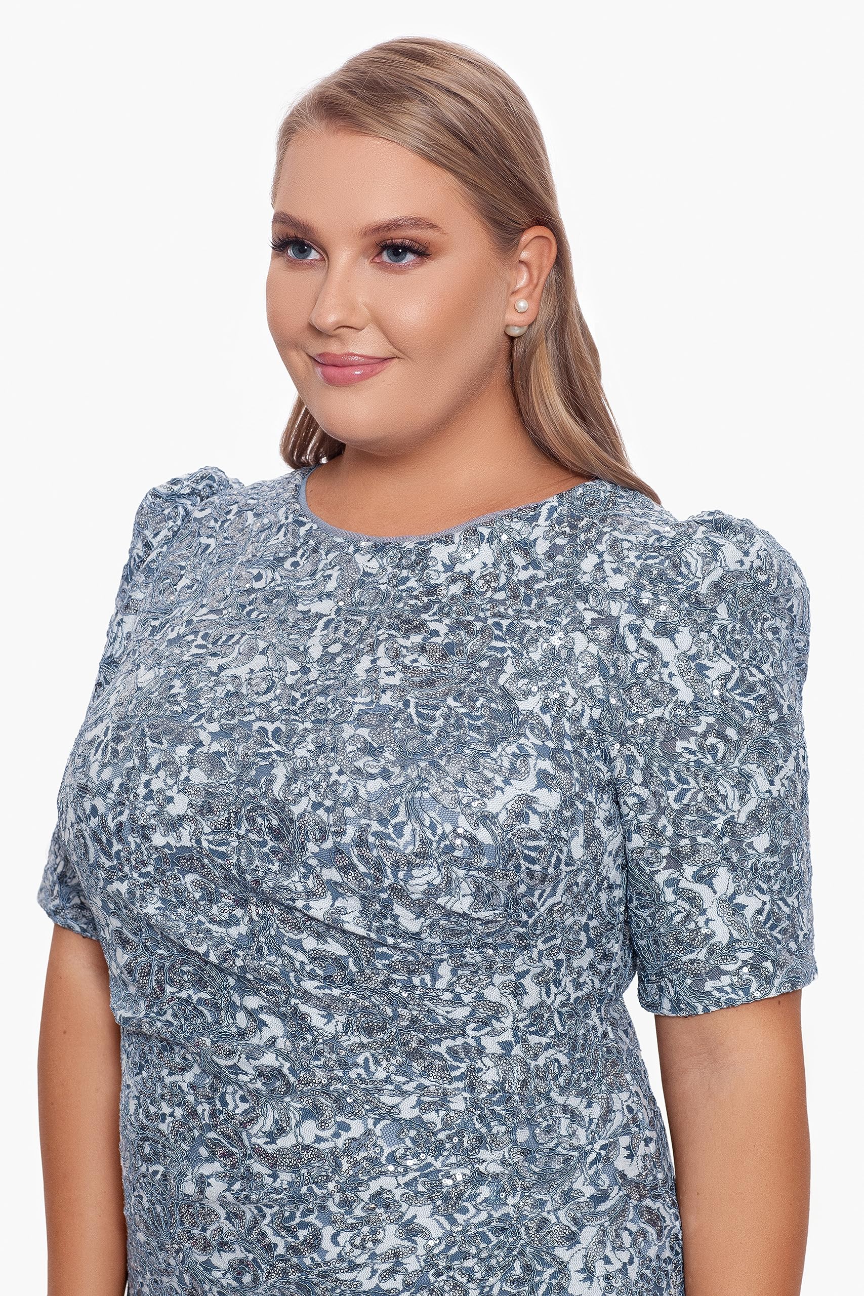 Xscape Women's Plus Size Long Floral Lace Sequin Side Ruched Dress - Elegant Evening Gown for Prom, Wedding Guest & Special Occasions