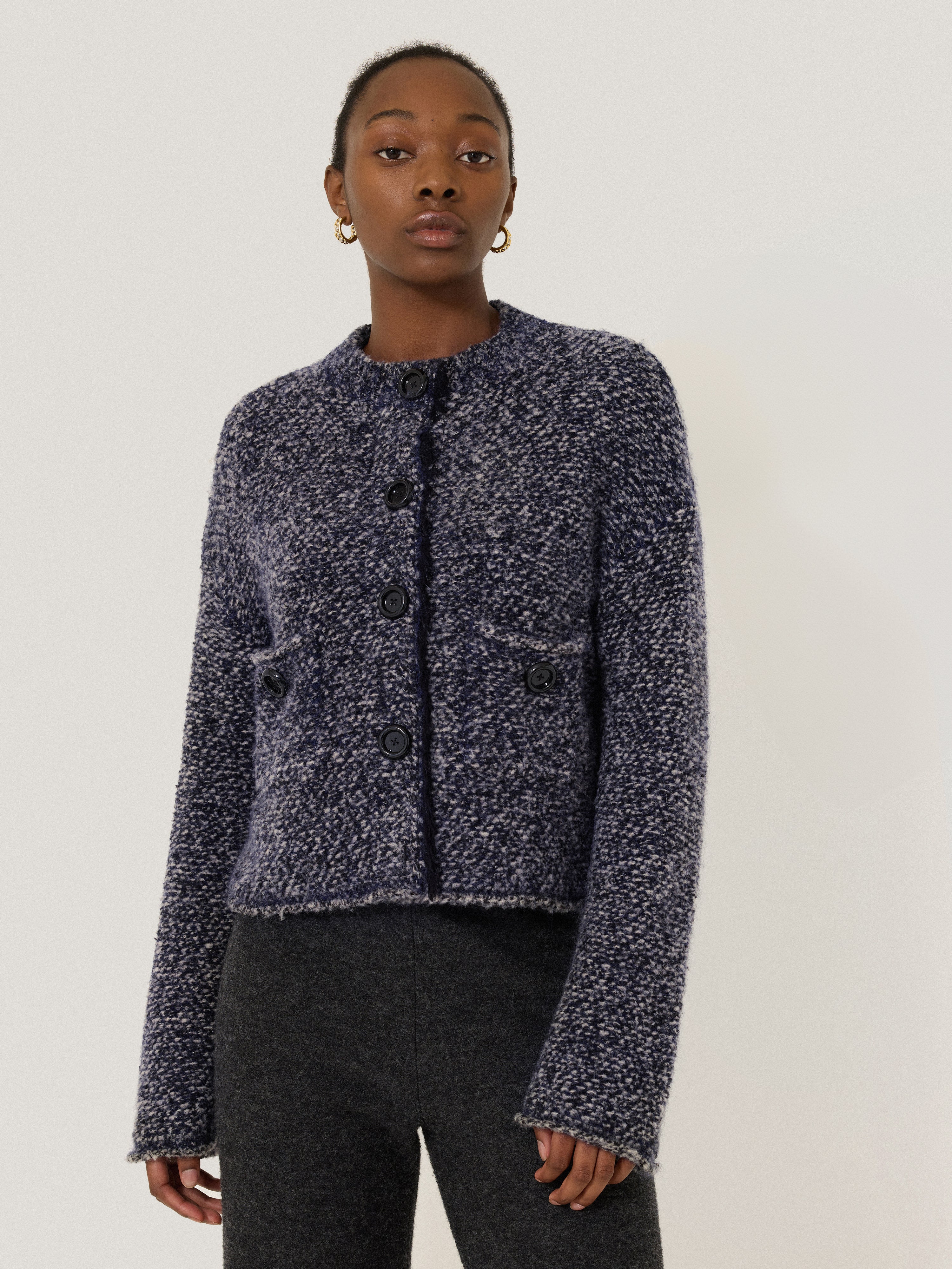 French Tweed Cardigan Jacket for Women - Classic Navy Blue Knit Blazer Coat | Perfect for Office Wear, Business Casual, and Fall Layering