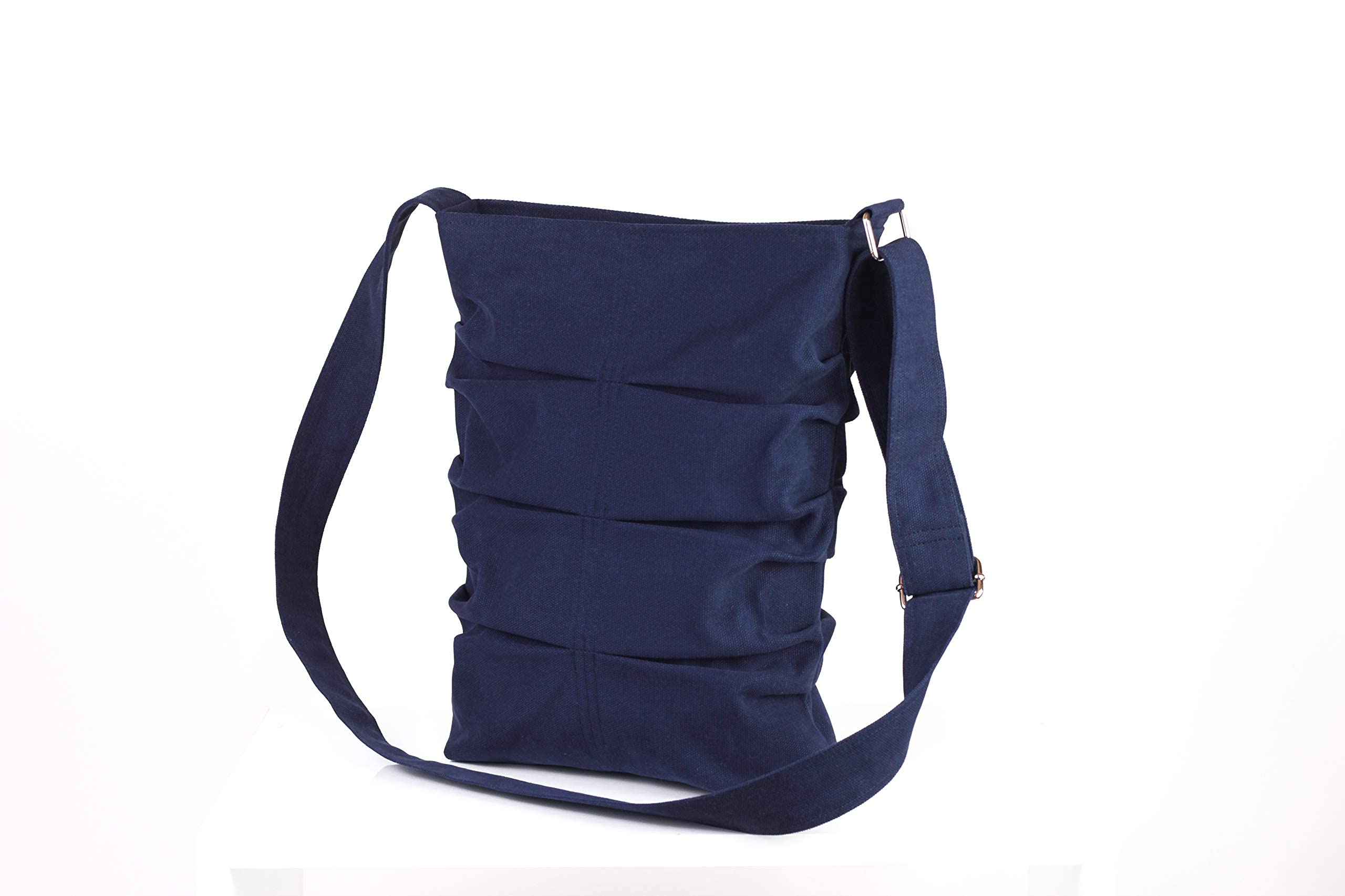 Women's Navy Blue Cotton Crossbody Small Tote Bag - Washable, Fully Lined with Zipper Closure & Pleated Design - Perfect for Casual Outings, Shopping & Travel Accessories