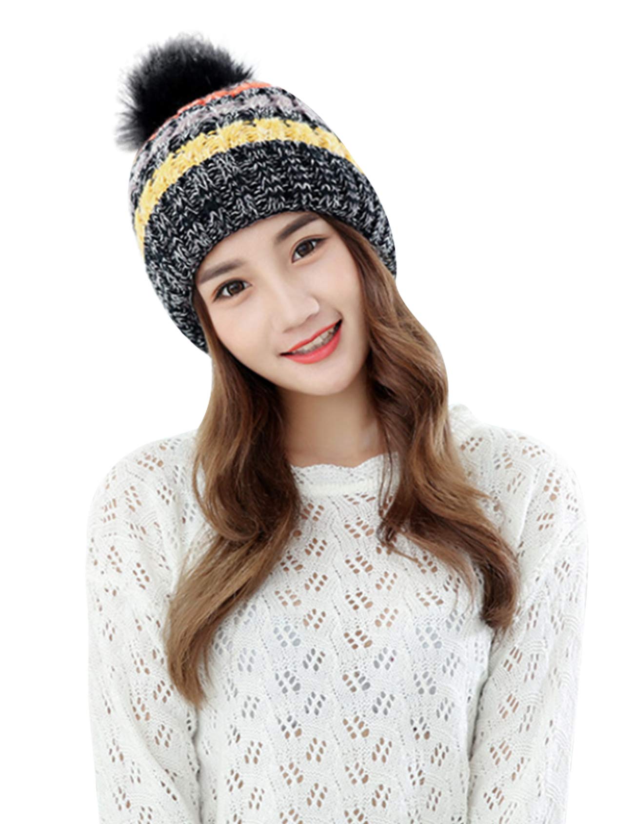 Women's Colorful Knit Winter Beanie Hat with Pompom - Warm Fleece Lined Cuffed Beanie for Cold Weather - Perfect for Skiing, Snowboarding & Outdoor Winter Activities