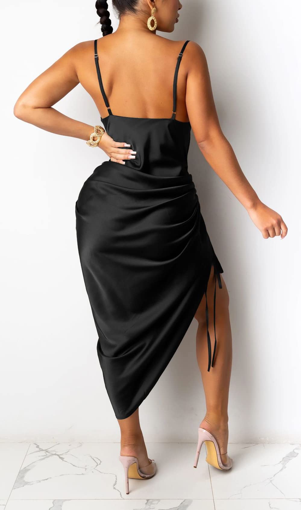 Sexy Club Dress for Women - Spaghetti Strap Satin Midi Dress with Side Ruched Detail for Wedding, Party & Cocktail Events | Perfect for Night Out, Date Night & Special Occasions
