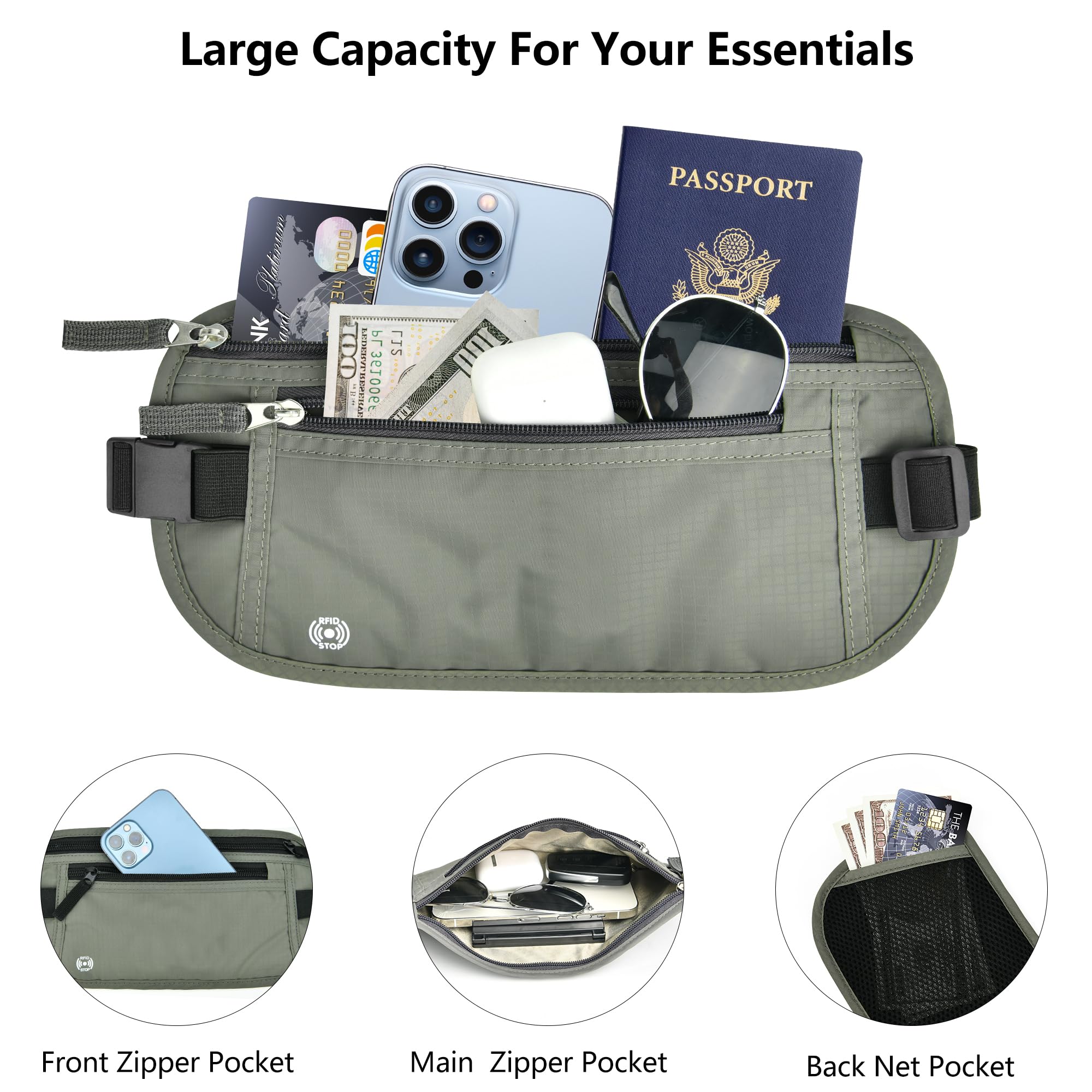 RFID Blocking Travel Money Belt & Passport Holder - Slim Anti-Theft Waist Wallet for Men & Women - Secure Cash, Credit Cards & Travel Essentials (Army Green) - Perfect for Airports, Sightseeing & International Trips