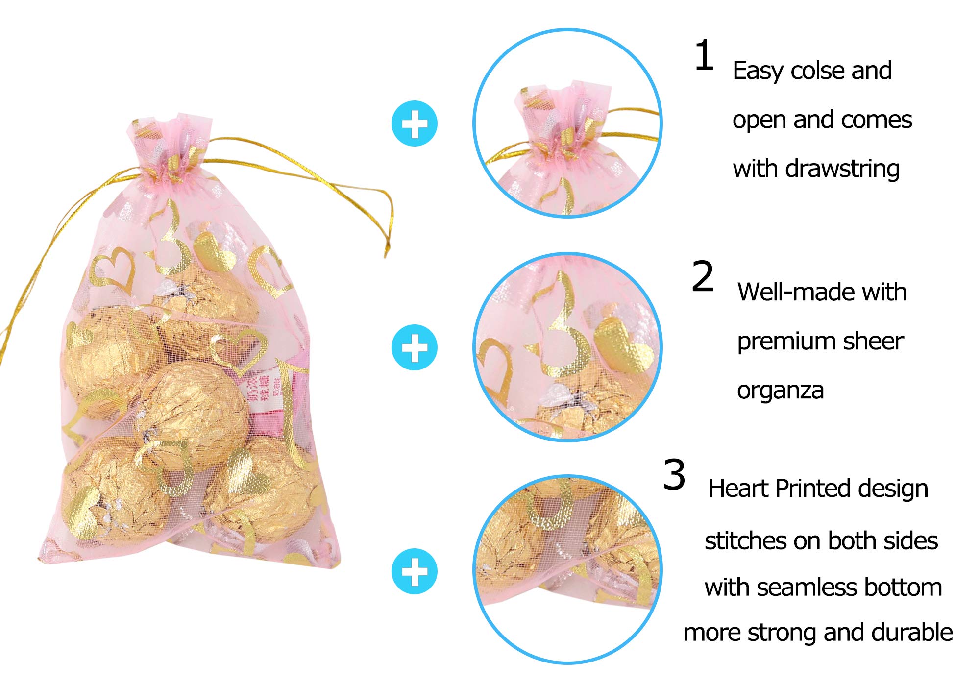 Stratalife 4x6 Inch Pink Organza Drawstring Bags - 100PCS Small Jewelry Pouches, Wedding Favor Bags, Candy Gift Bags (Heart Pink) for Bridal Showers, Baby Showers & Party Favors