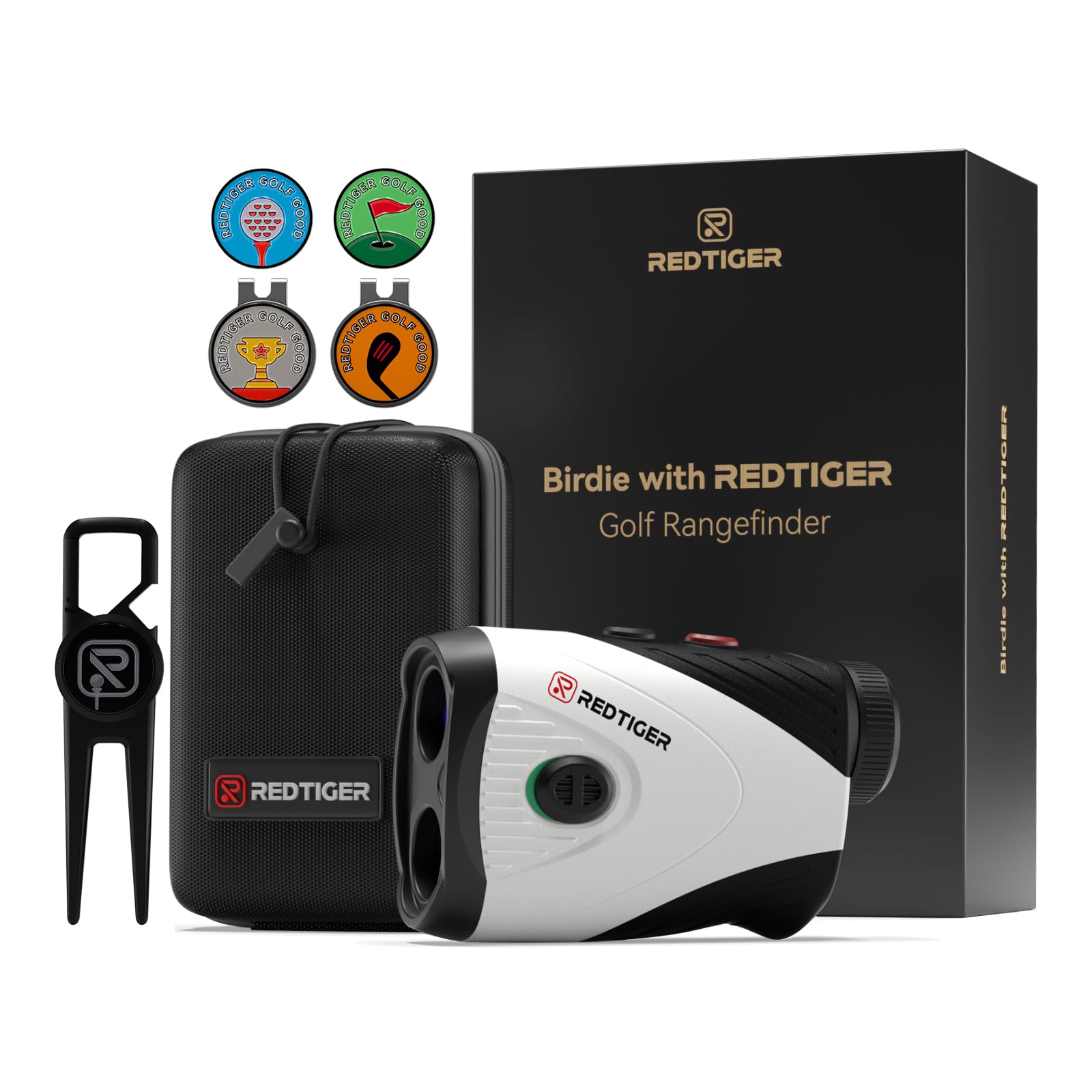 REDTIGER 1200 Yards Golf Rangefinder with Slope & Flag Lock - 7X Magnification, Rechargeable Laser Range Finder with Vibration, Magnetic Strip, Divot Tool & Ball Markers - Perfect for Golf Course Distance Measurement & Tournament Play