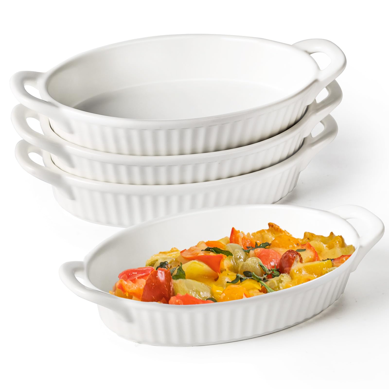 Frewinky 9-inch Ceramic Au Gratin Baking Dishes Set of 4 - Heat Resistant Porcelain Oval Casserole Dishes with Handles for Oven, Gratin, Roasting & Baking - Perfect for Family Dinners, Holiday Meals & Entertaining Guests