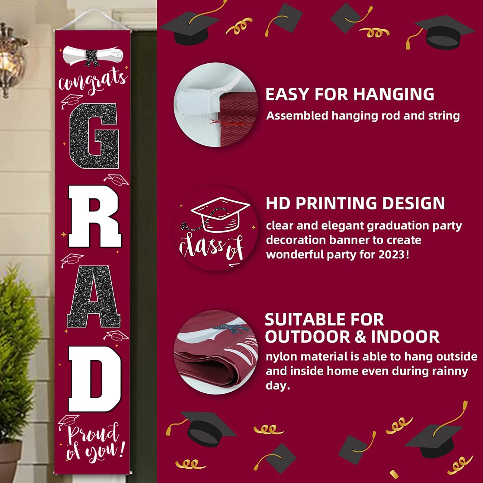 Class of 2025 Graduation Banner - Maroon Burgundy Red Porch Sign for Graduation Party Decorations | Perfect for Outdoor Yard Decor, Graduation Ceremony Backdrop & Photo Booth Props