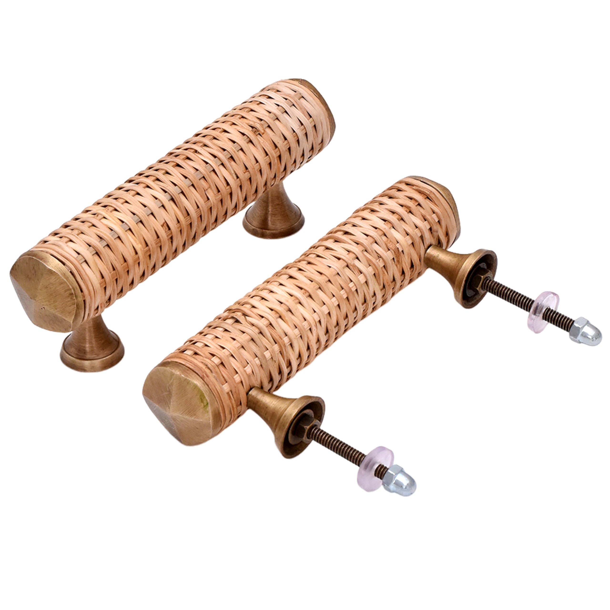 Vintage Boho Brass Rattan Drawer Pulls - 9cm Center-to-Center Cabinet Handles - Unique Wooden Dresser Knobs for Bedroom Furniture & Kitchen Cabinets (Set of 2, Style 5) - Perfect for Boho, Farmhouse & Coastal Home Decor