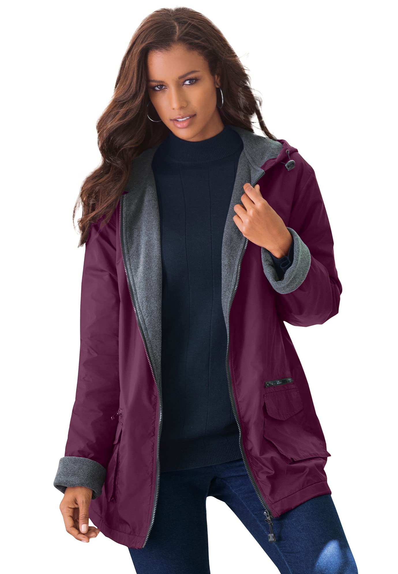 Roaman's Women's Plus Size Hooded All-Weather Jacket with Fleece Lining - Waterproof Raincoat for Outdoor Activities, Hiking & Casual Wear