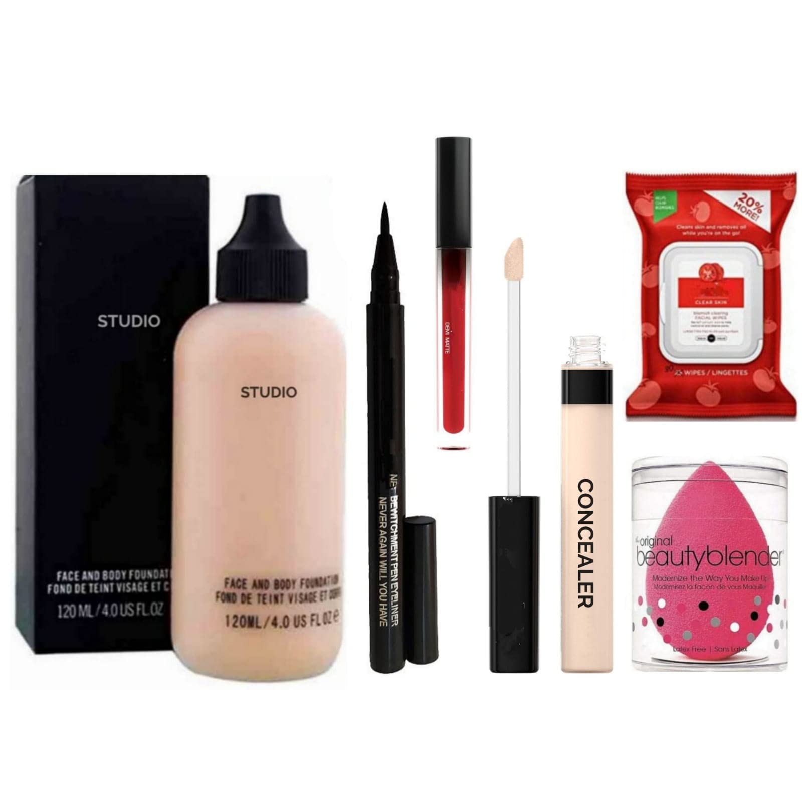 Professional Makeup Kit - Cosmac Foundation, Eyeliner, Matte Lipstick, Concealer, Wipes & Blender (6-Piece Set) for Flawless Everyday & Party Looks