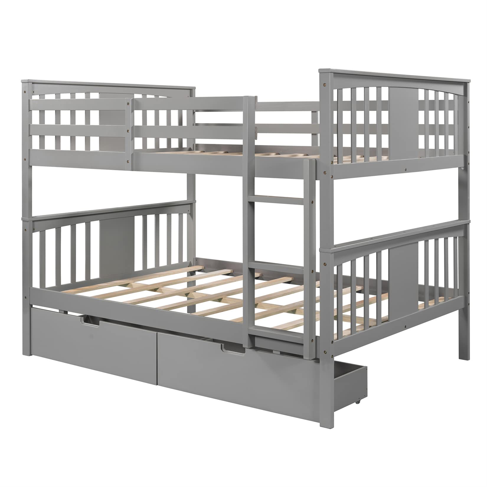 Full Over Full Bunk Beds with 2 Drawers for Kids Teens Adults - Detachable Wooden Bunk Bed Frame for Boys Girls Women Men in Gray - Perfect for Small Spaces, Guest Rooms & Shared Kids Bedrooms