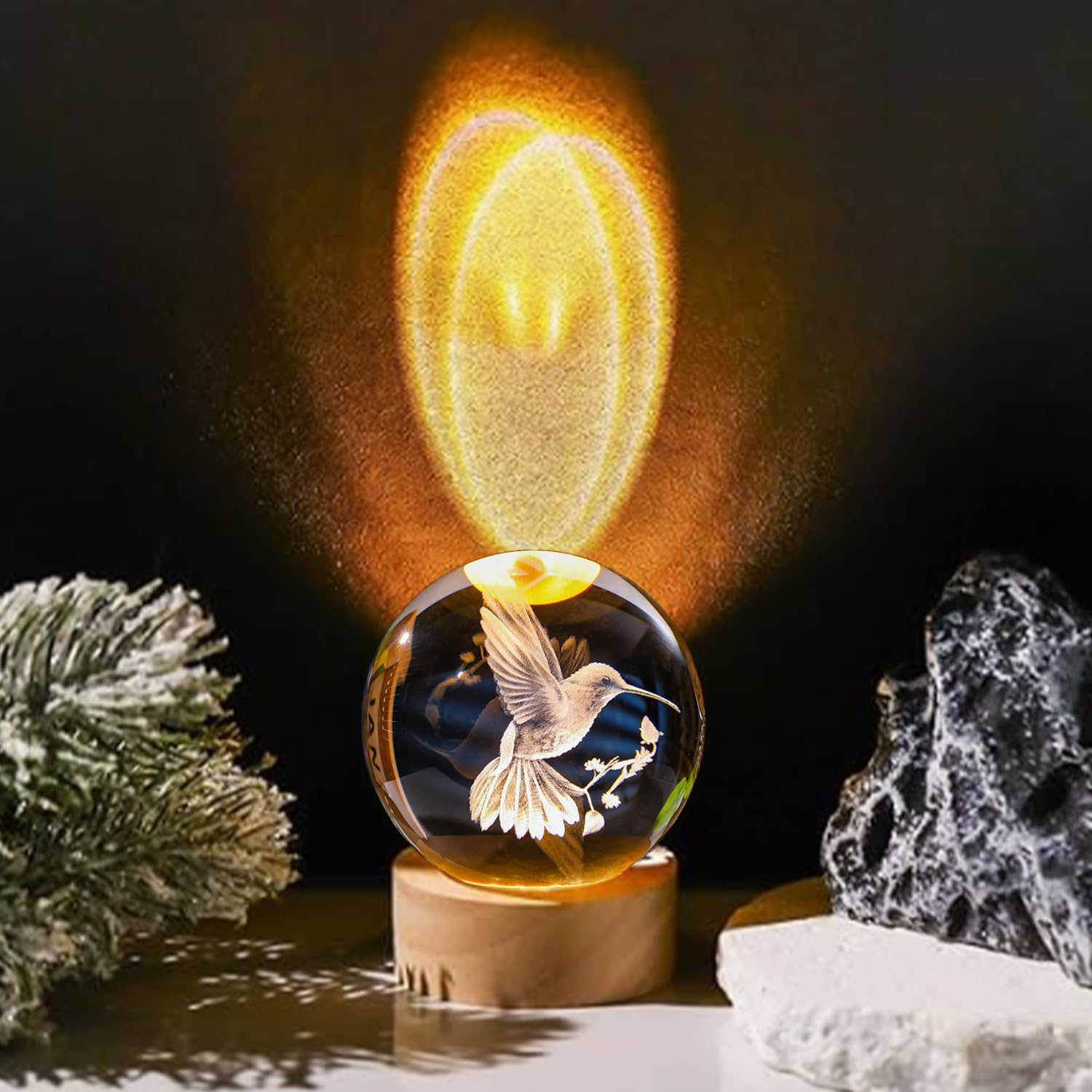 3D Laser Engraved Hummingbird Crystal Ball with LED Base - 60mm Glass Figurine Lamp, Night Light & Paperweight - Unique Home Decor Gift for Birthdays, Anniversaries (Perfect for Bedroom, Office Desk & Gift Giving)