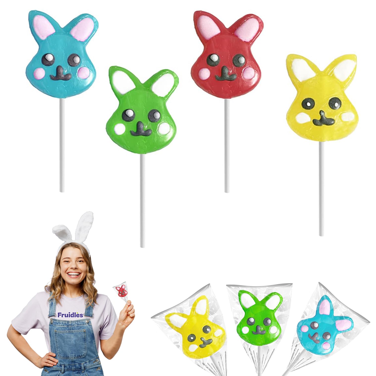 Happy Easter Bunny Lollipops 24-Pack - Colorful Easter Egg & Bunny Rabbit Shaped Suckers with Carrot Designs | Fat-Free, Individually Wrapped Candy | Perfect for Easter Baskets, Party Favors & Classroom Treats