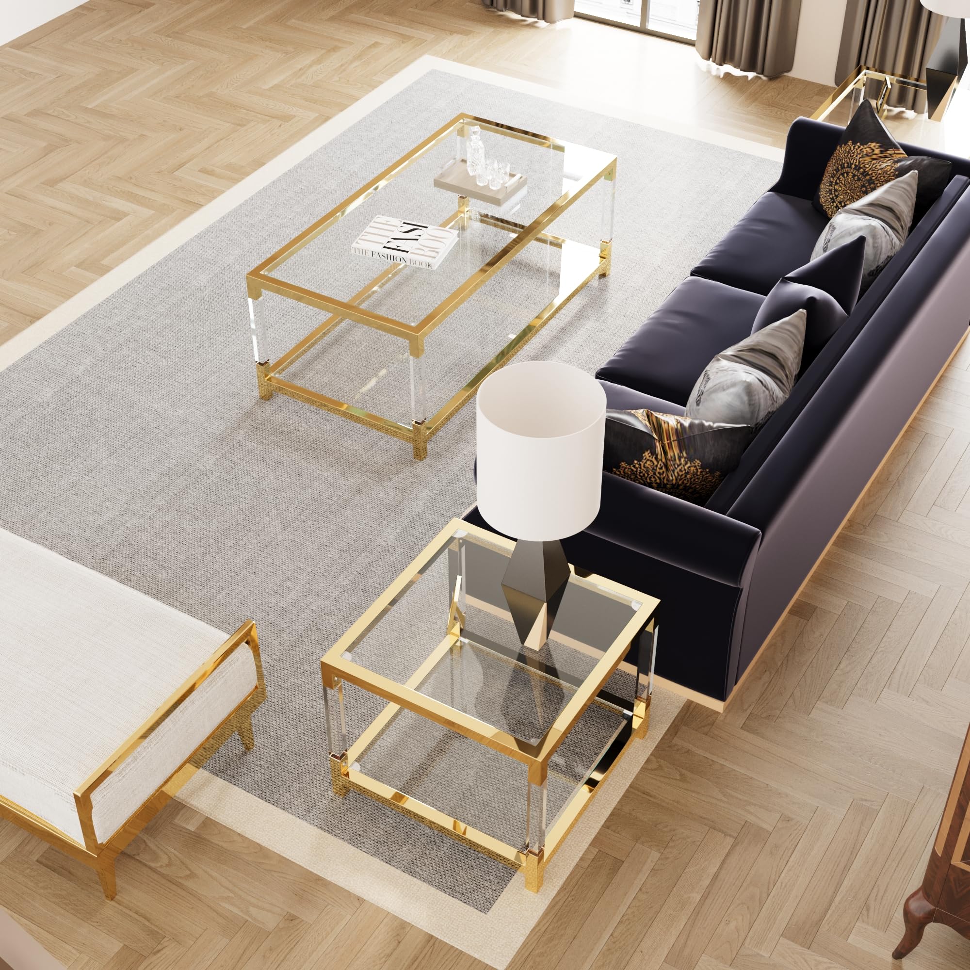 Premium 2-Piece Glass Coffee Table Set - 2-Tier Modern Living Room End Tables with Gold Frame & Clear Acrylic Legs for Apartment, Office & Lounge Decor | Perfect for Entertaining Guests or Relaxing with Coffee