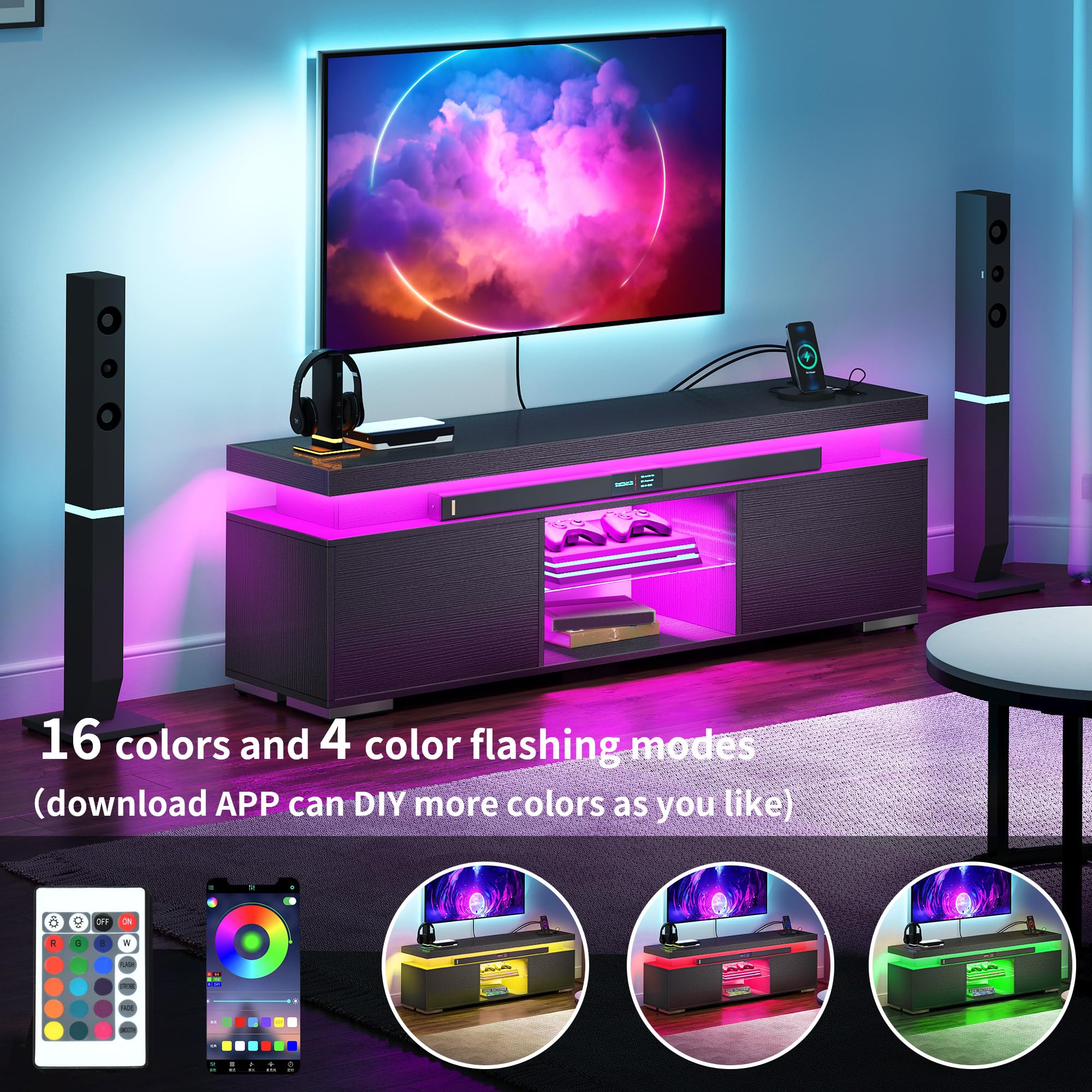 YITAHOME Modern TV Stand for 50-65 Inch TVs - Wood Entertainment Center with Power Outlets & LED Lighting - Living Room Media Console with Storage - Perfect for Gaming & Home Theater Setup