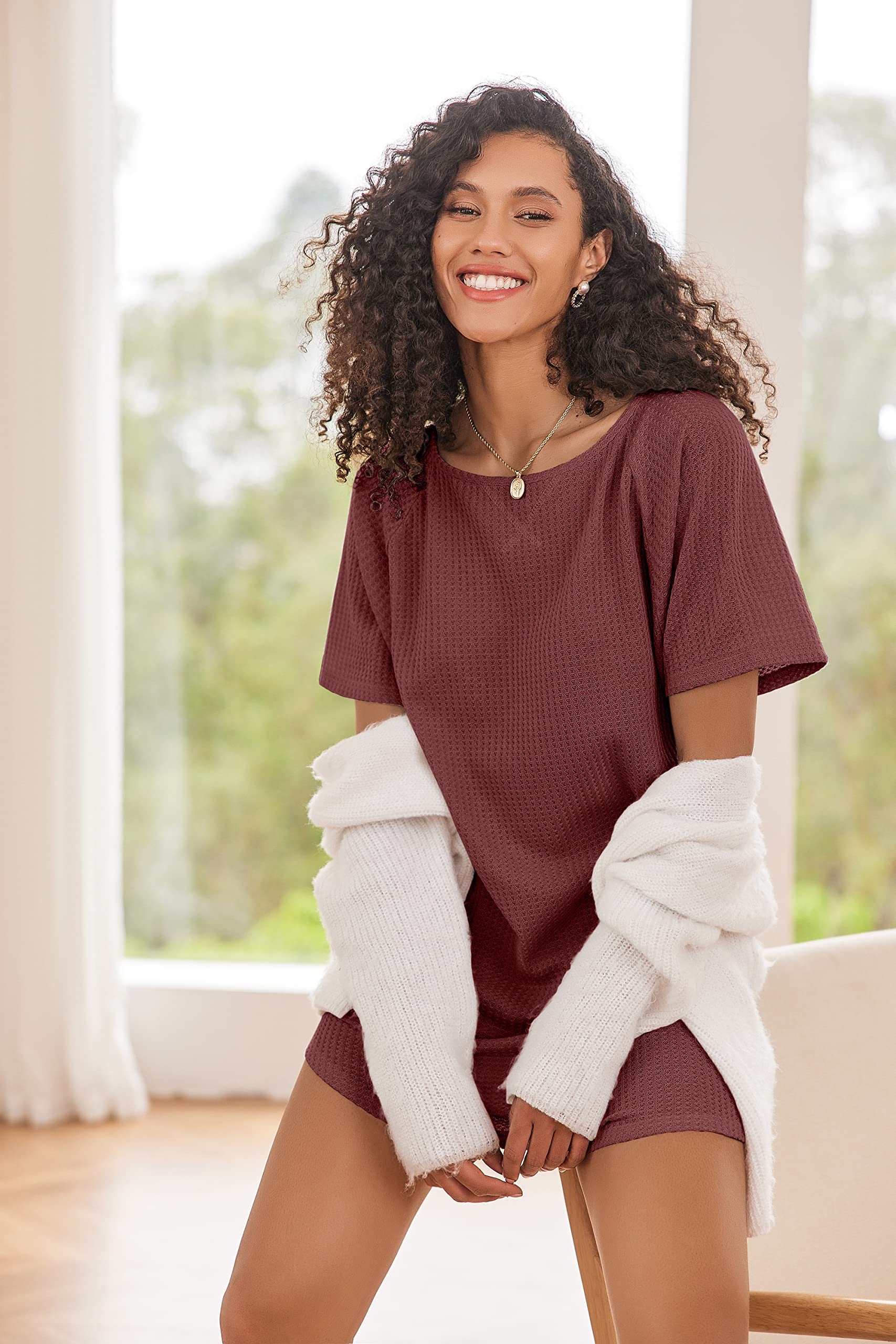 Ekouaer Women's Waffle Knit Short Sleeve Sleepshirt - Soft Casual Nightgown & Lounge T-Shirt for Sleeping, Homewear, and Comfortable Cover Ups