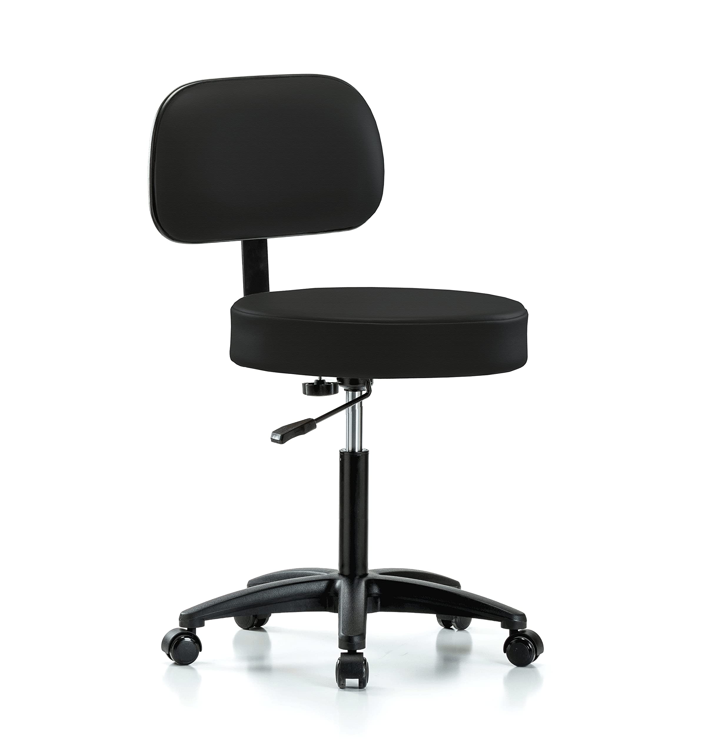 Perch Walter Adjustable Rolling Stool with Back Support - 300lb Capacity for Medical, Dental & Lab Use - Height-Adjustable Workbench Stool with Wheels for Carpet & Linoleum Floors - Black Fabric Seat for Clinics, Workshops & Home Offices