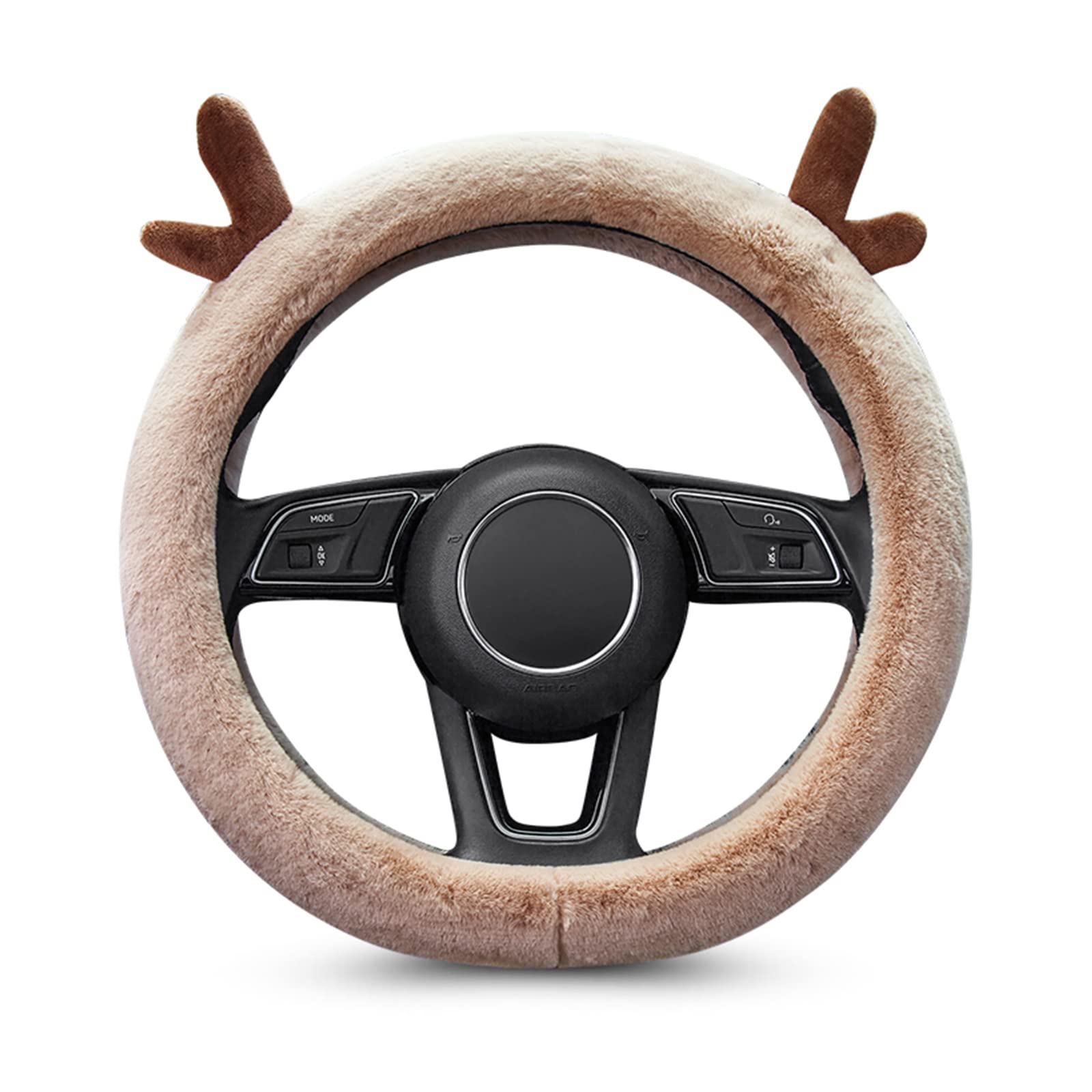 Ergocar D-Shaped Plush Steering Wheel Cover - Soft & Warm Winter Car Accessory for Women, Anti-Slip Breathable Design, 15 Inch (38cm) Brown - Perfect for Cold Weather Commuting & Stylish Interior Upgrade