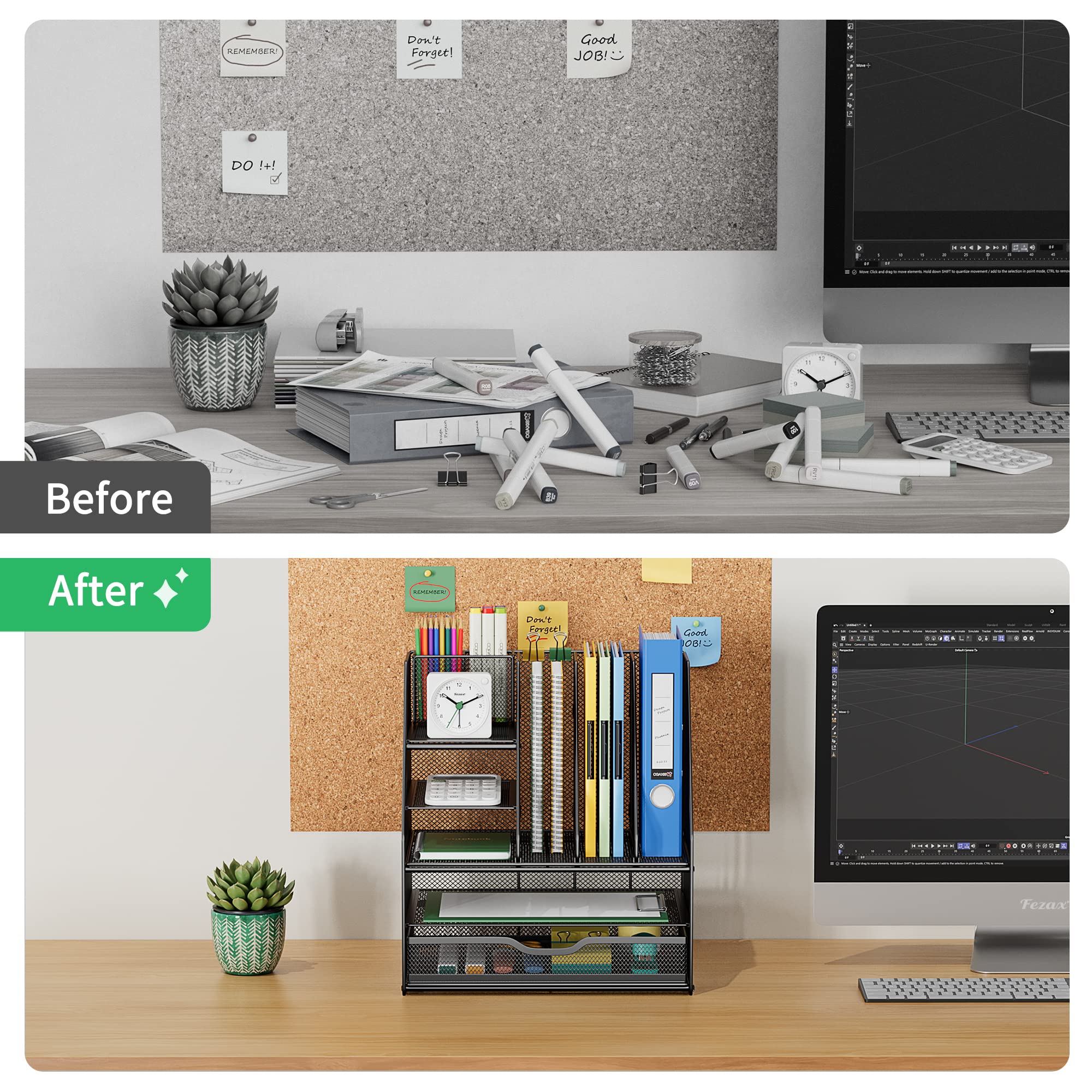 VIVSOL Large Vertical File Holder Desk Organizer with Sliding Drawers & Movable Pen Holder - Office Supplies Storage Shelf for Files, Papers, Pens | Perfect for Home Office, School & Workspace Organization