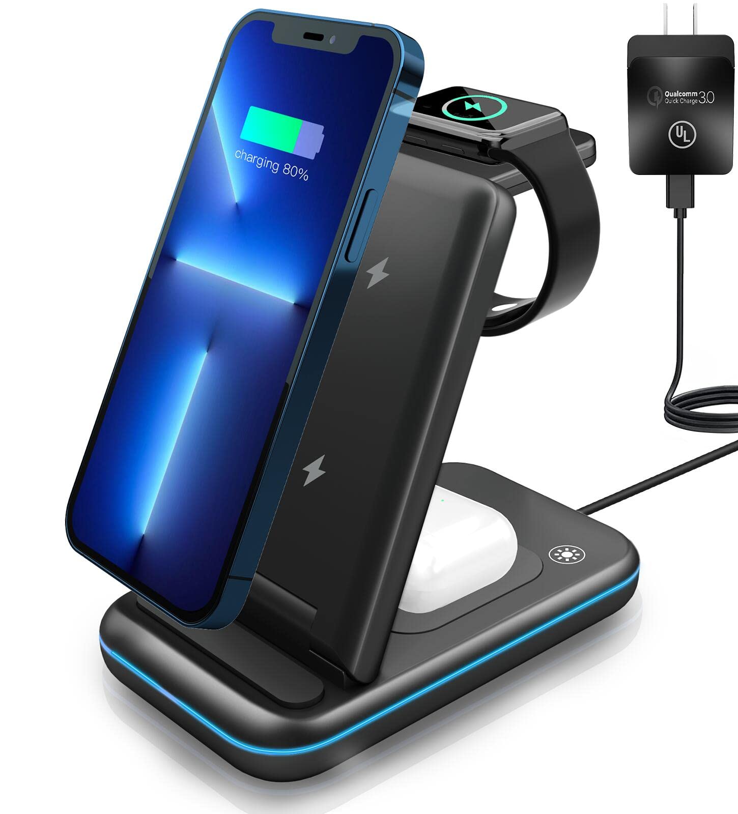 3-in-1 Wireless Charging Station for iPhone, Apple Watch & AirPods | Fast Qi-Certified Charger Stand with Power Adapter | Compatible with iPhone 13/12/11/X, Apple Watch Series 7/6/5/4/3/2, AirPods Pro/2/3 | Perfect for Bedside, Office & Travel Charging