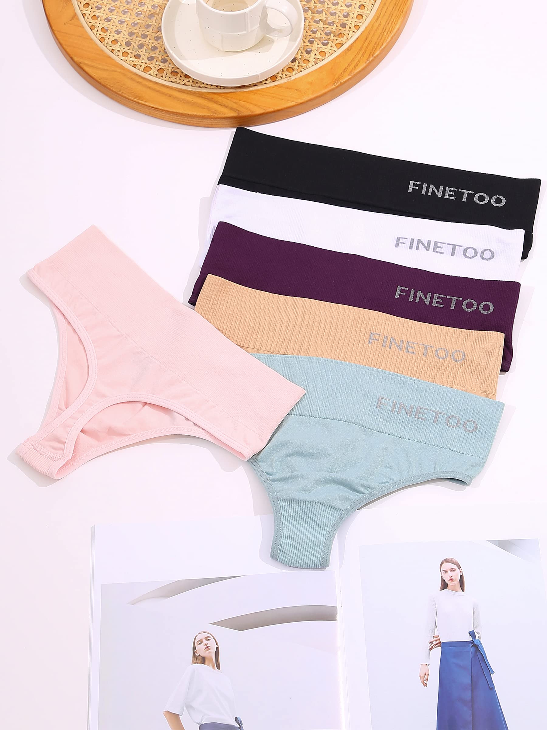 FINETOO 6 Pack High Waisted Thongs for Women - Nylon Spandex Panties, Breathable Soft Stretchy Underwear, High Rise S-XL - Perfect for Everyday Wear, Workout & Yoga