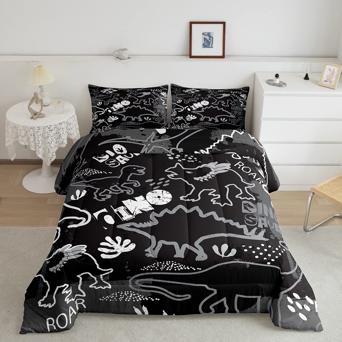 Twin Size Cartoon Dinosaurs Comforter Set - 2 Piece Soft Microfiber Duvet Cover with Pillowcase | Japanese Sketch Graffiti Style Wildlife Dinosaur Bedding for Boys & Kids | Perfect for Bedroom Decor, Sleepovers and Kids Room Themes