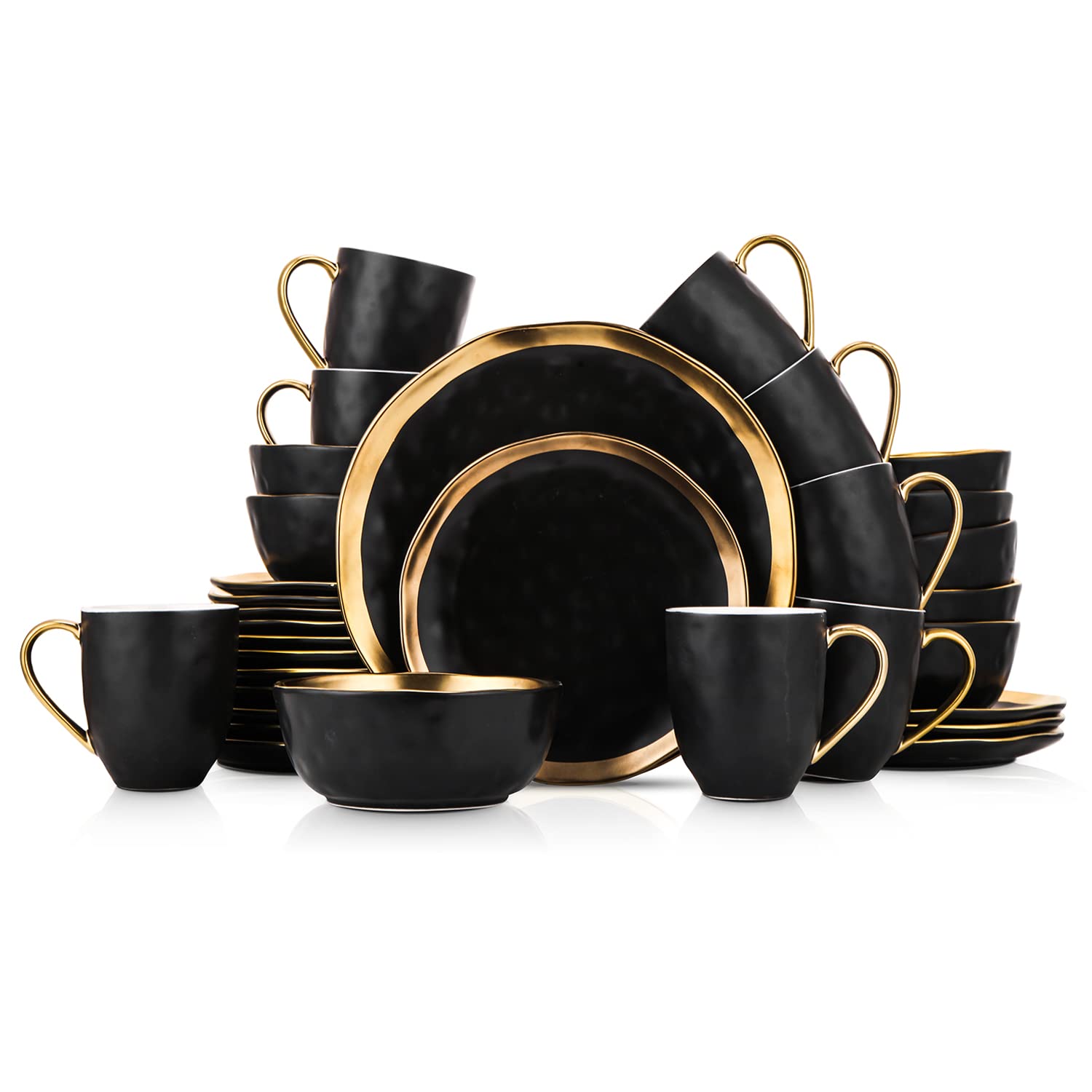 Florian Modern Porcelain Dinnerware Set - 32-Piece Stone Lain Dish Set for 8, Gold and Black Elegant Tableware - Perfect for Dinner Parties, Holidays & Formal Dining