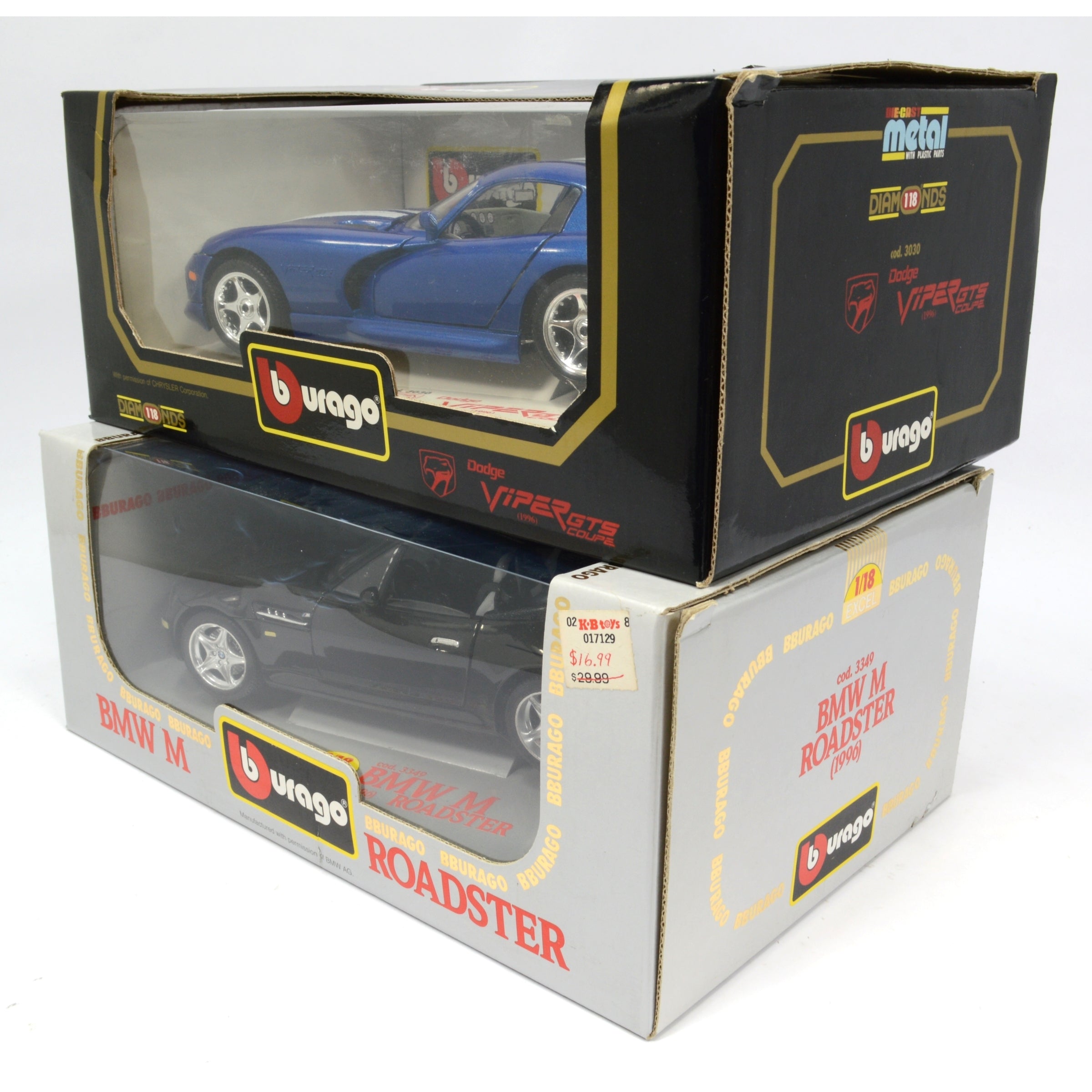 2-Pack BURAGO 1:18 Scale Diecast Model Cars - BMW M Roadster #3349 & Dodge Viper #3030 | Collectible Display for Car Enthusiasts & Perfect Gift for Auto Lovers