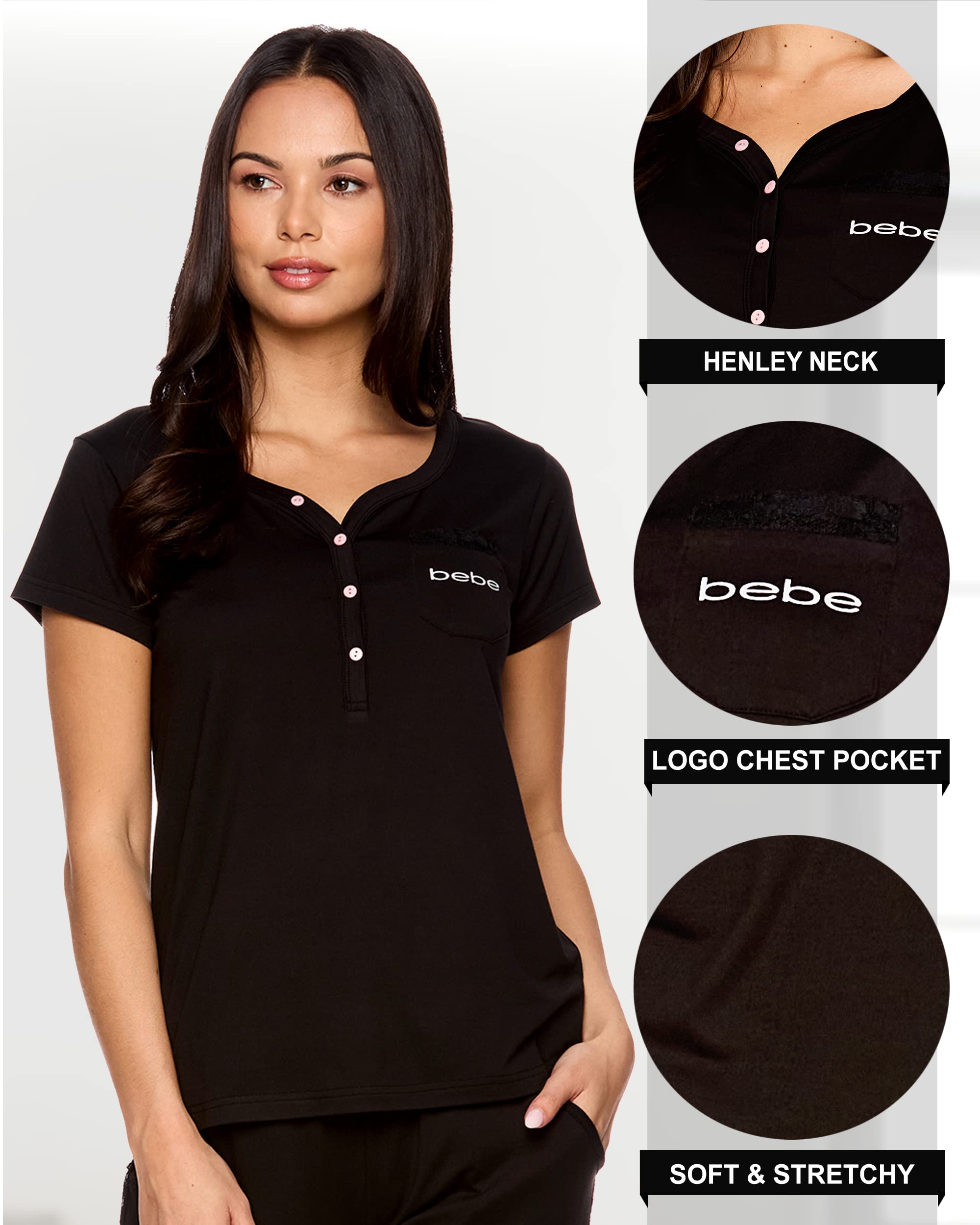 bebe Women's Pajama Set - Soft Short Sleeve Shirt & Lace Trim Jogger Pants | Cozy Lounge Wear for Sleep, Relaxation & Home Comfort