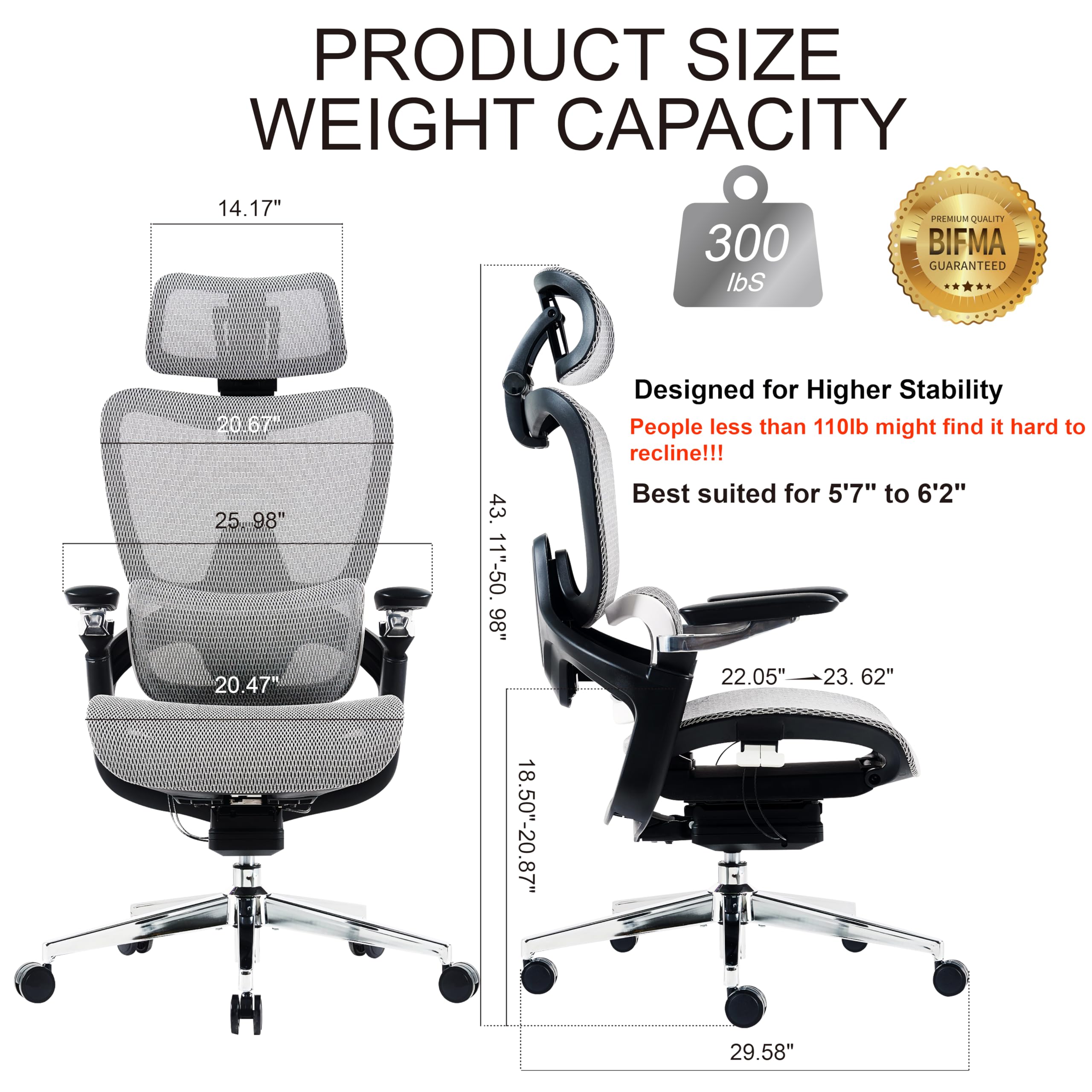 Ergonomic Mesh Office Chair with Lumbar Support - Big and Tall Computer Gaming Chair, Adjustable Headrest & 5D Armrests, 90-130° Recline, BIFMA Certified - Perfect for Home Office, Gaming & Workspaces (Grey, Model Zen)