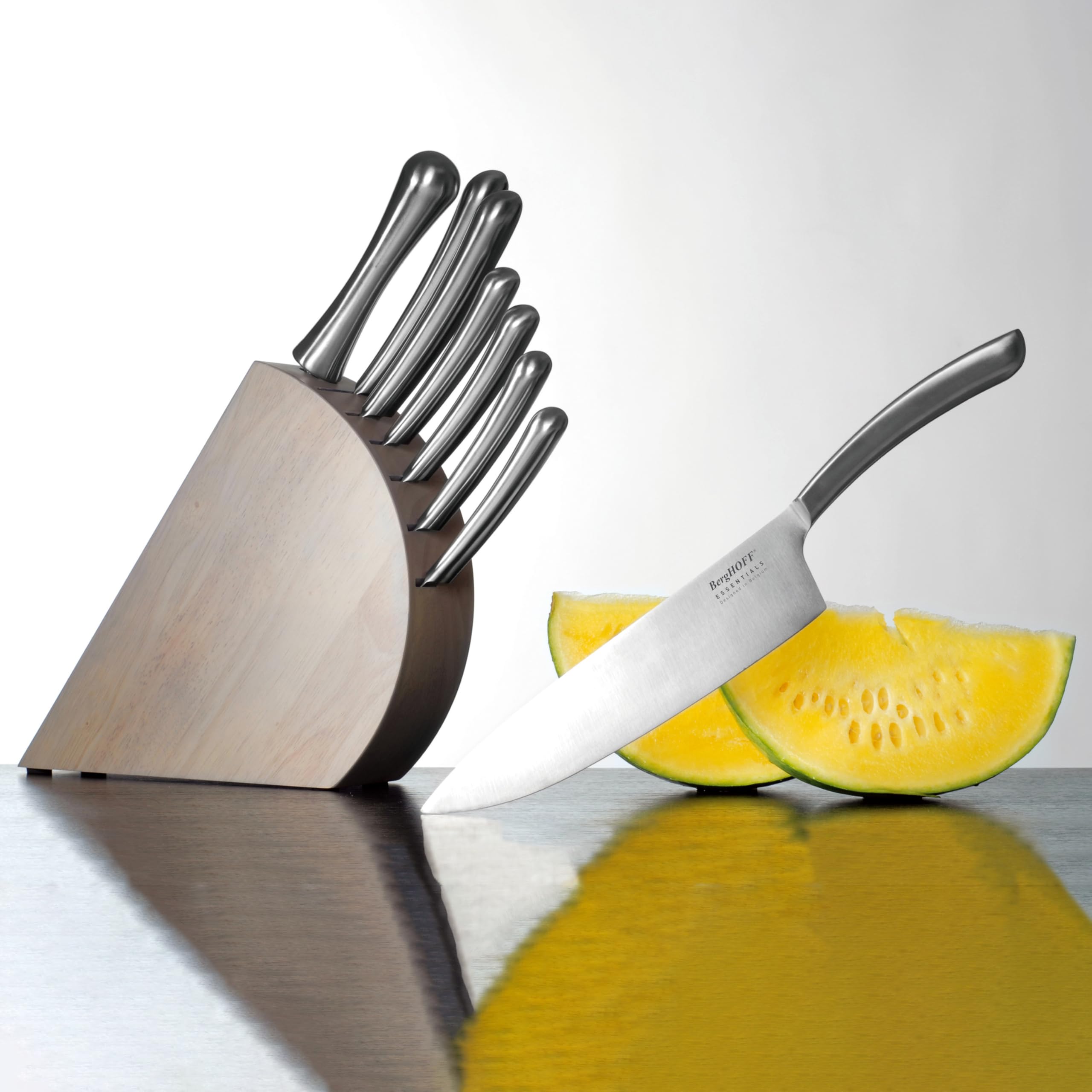 BergHOFF Concavo 8-Piece Knife Block Set - Premium Stainless Steel Kitchen Knives with Wooden Storage Block | Perfect for Home Cooking, Professional Chefs & Gift Giving