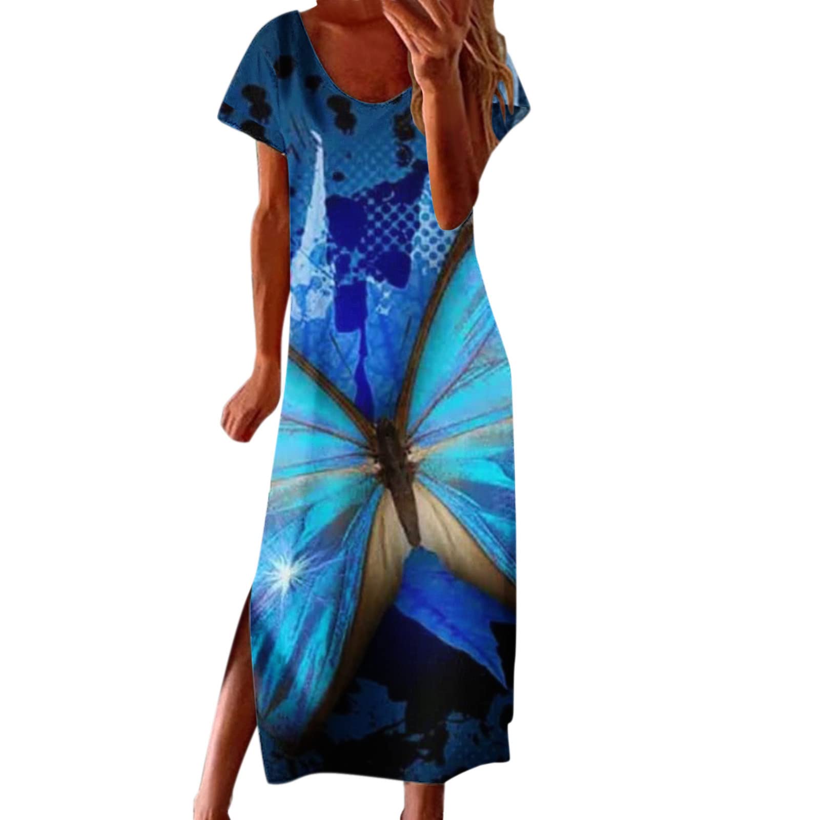 Women's Black Swing Dress - Casual Loose Gradient Print Short Sleeve Round Neck Side Slit Long Dress for Work & Party | Comfortable & Stylish (Blue, XL) | Perfect for Office Wear, Cocktail Events & Summer Outings