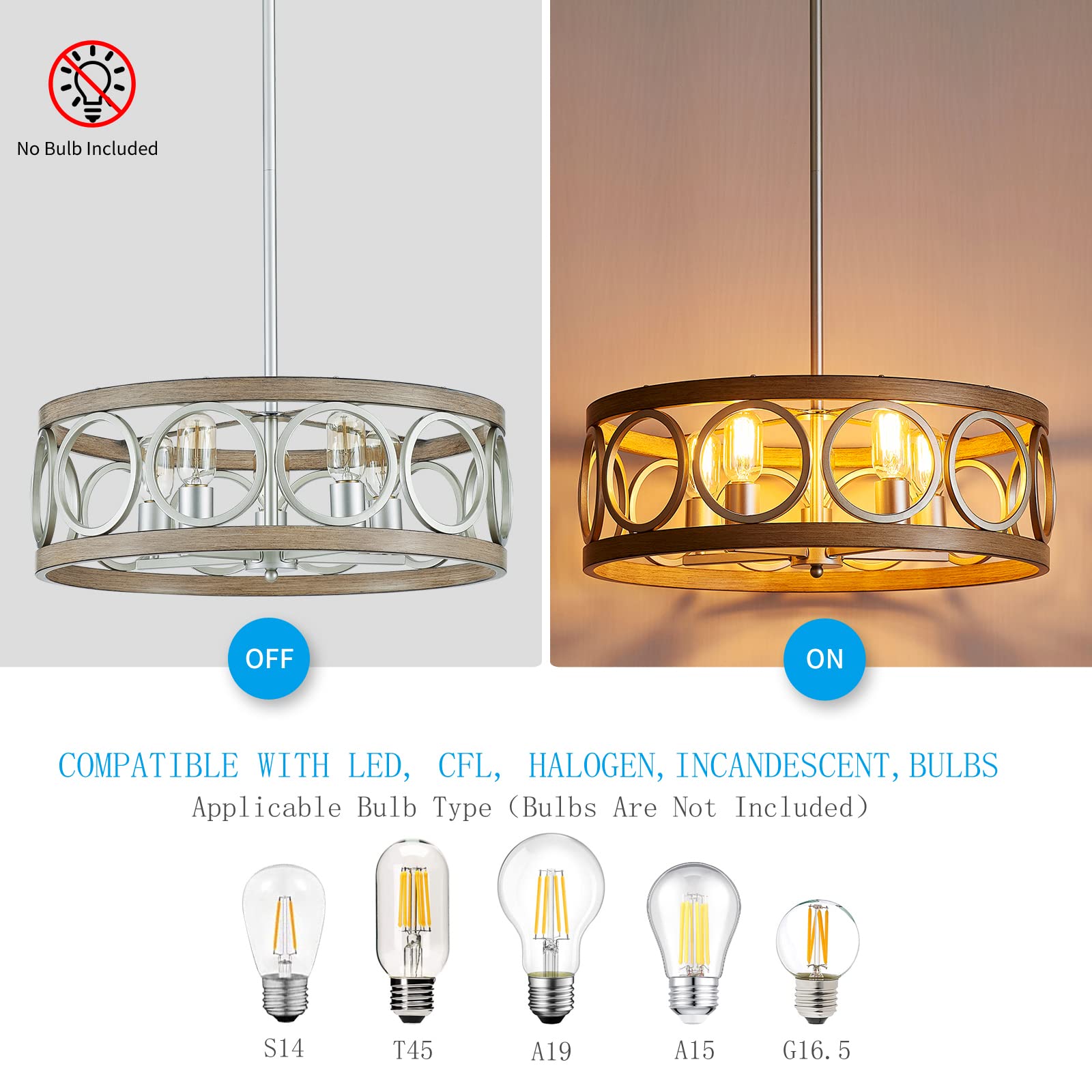 21.7'' Modern Farmhouse Chandelier - 5-Light Drum Ceiling Fixture with Antique Wood Grain & Brushed Nickel Finish - Perfect for Living Room, Dining Room, Kitchen Island or Bedroom Lighting