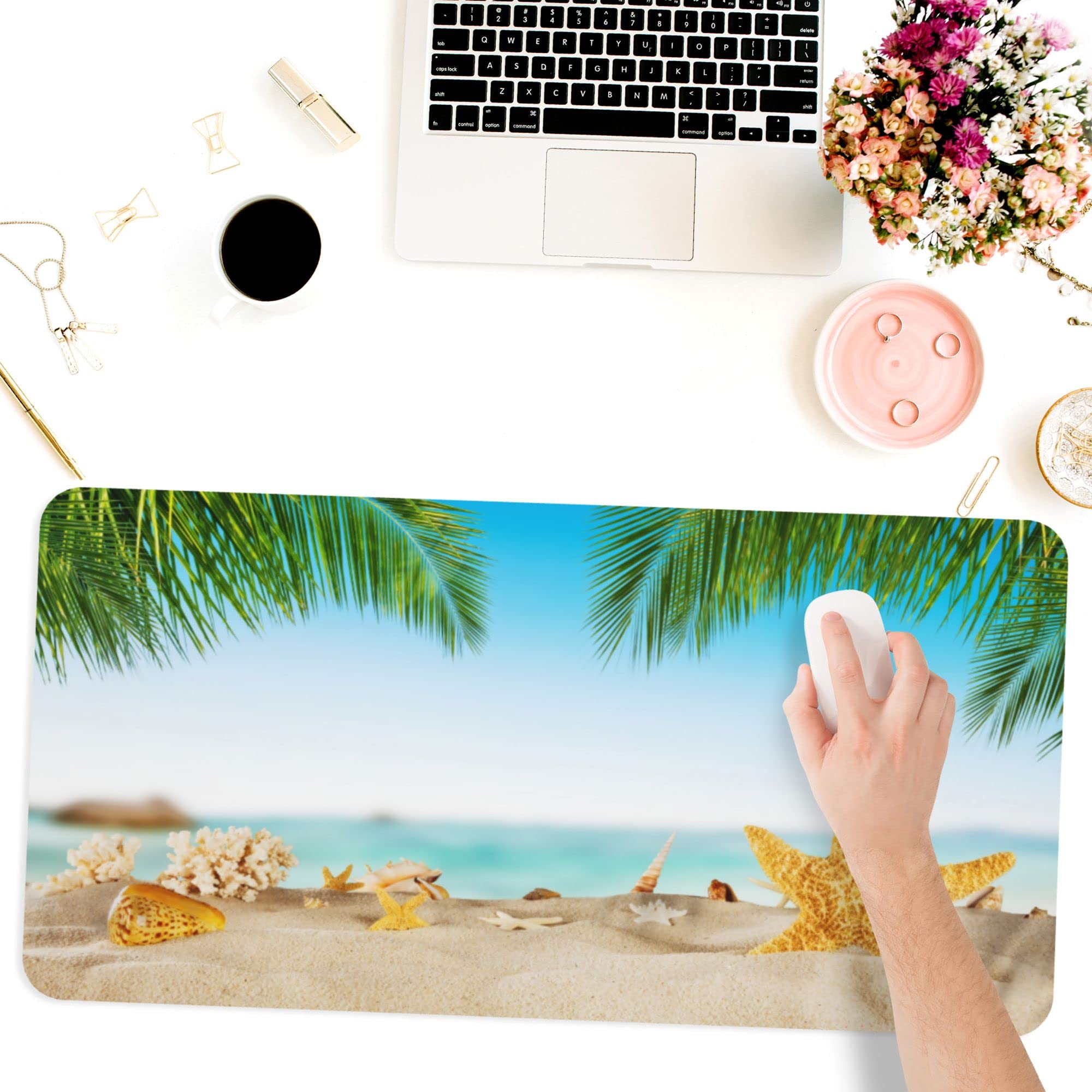 Premium Large Gaming Mouse Pad with Non-Slip Rubber Base - 31.5x15.7 Inch Extended Desk Mat Featuring Beach Starfish Shells Design & Stitched Edges - Perfect for Office Work, PC Gaming, and Computer Use - Ideal for Home Office, Gaming Setup, and Workspace Organization
