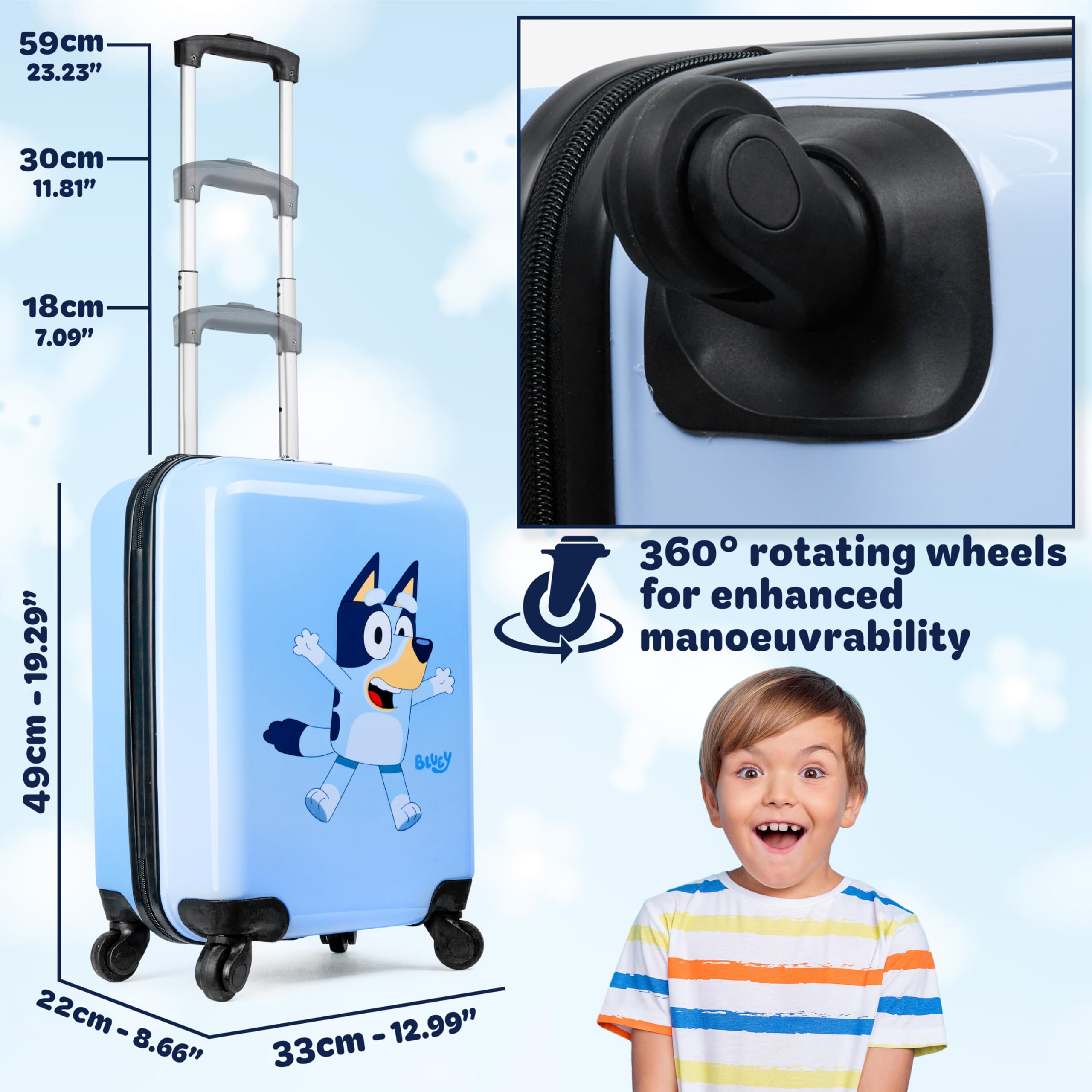Bluey Kids Luggage with Wheels | Lightweight Carry-On Suitcase for Children | Perfect for Air Travel, Road Trips & Sleepovers | Durable Spinner Travel Bag for Boys & Girls
