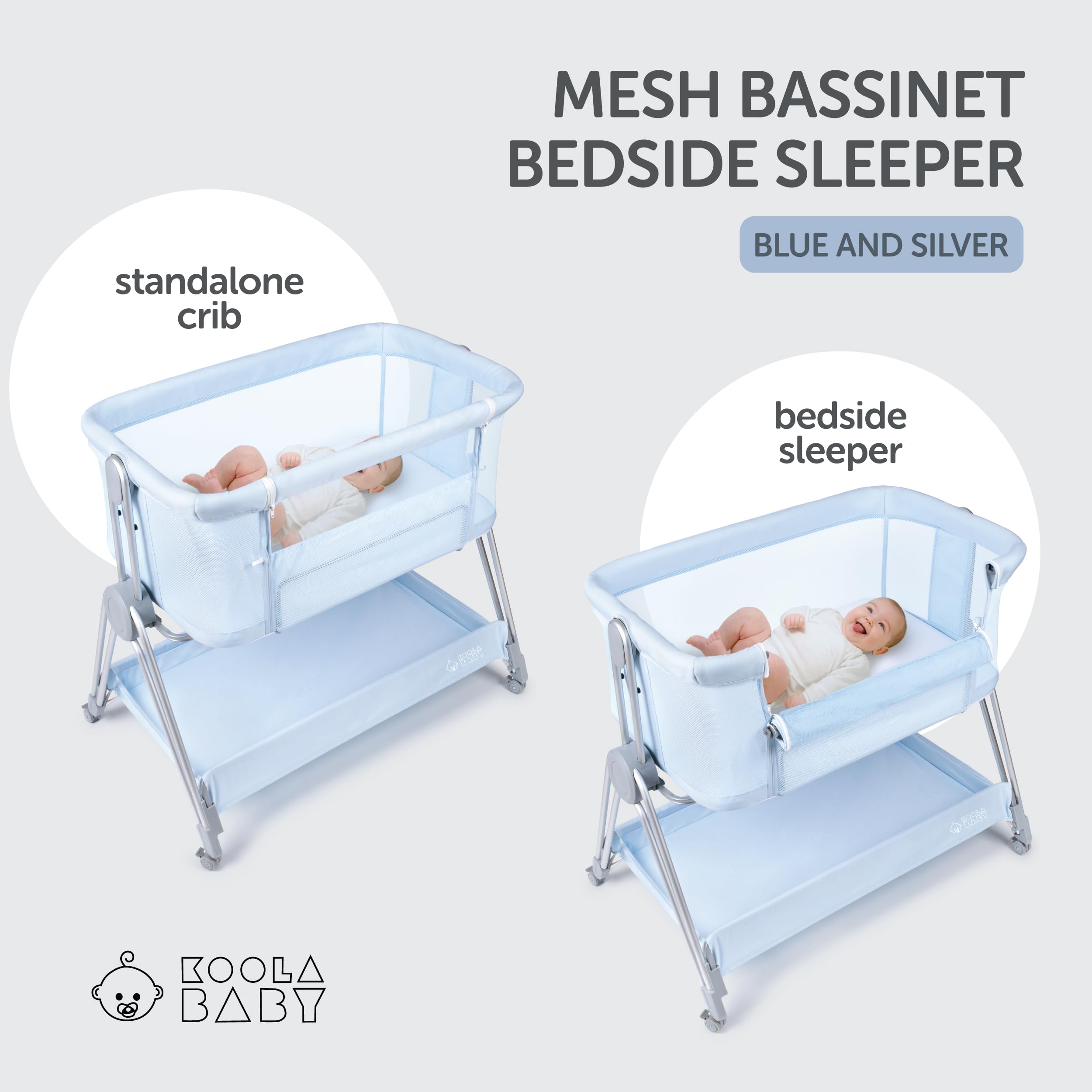 Adjustable Height Baby Bedside Sleeper & Bassinet with Wheels - Portable Foldable Crib Attaches to Parents Bed - Safe Co-Sleeping Solution for Newborns & Infants (Blue) - Perfect for Nursery, Bedroom & Travel Use