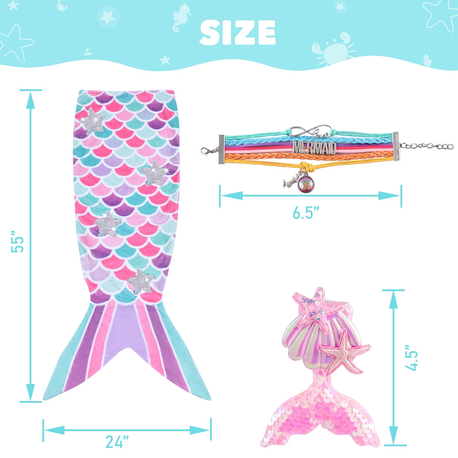 Mermaid Tail Blanket for Girls - Soft Flannel Wearable Blanket with Glitter Stars & Sequin Hairpin Bracelet, 55