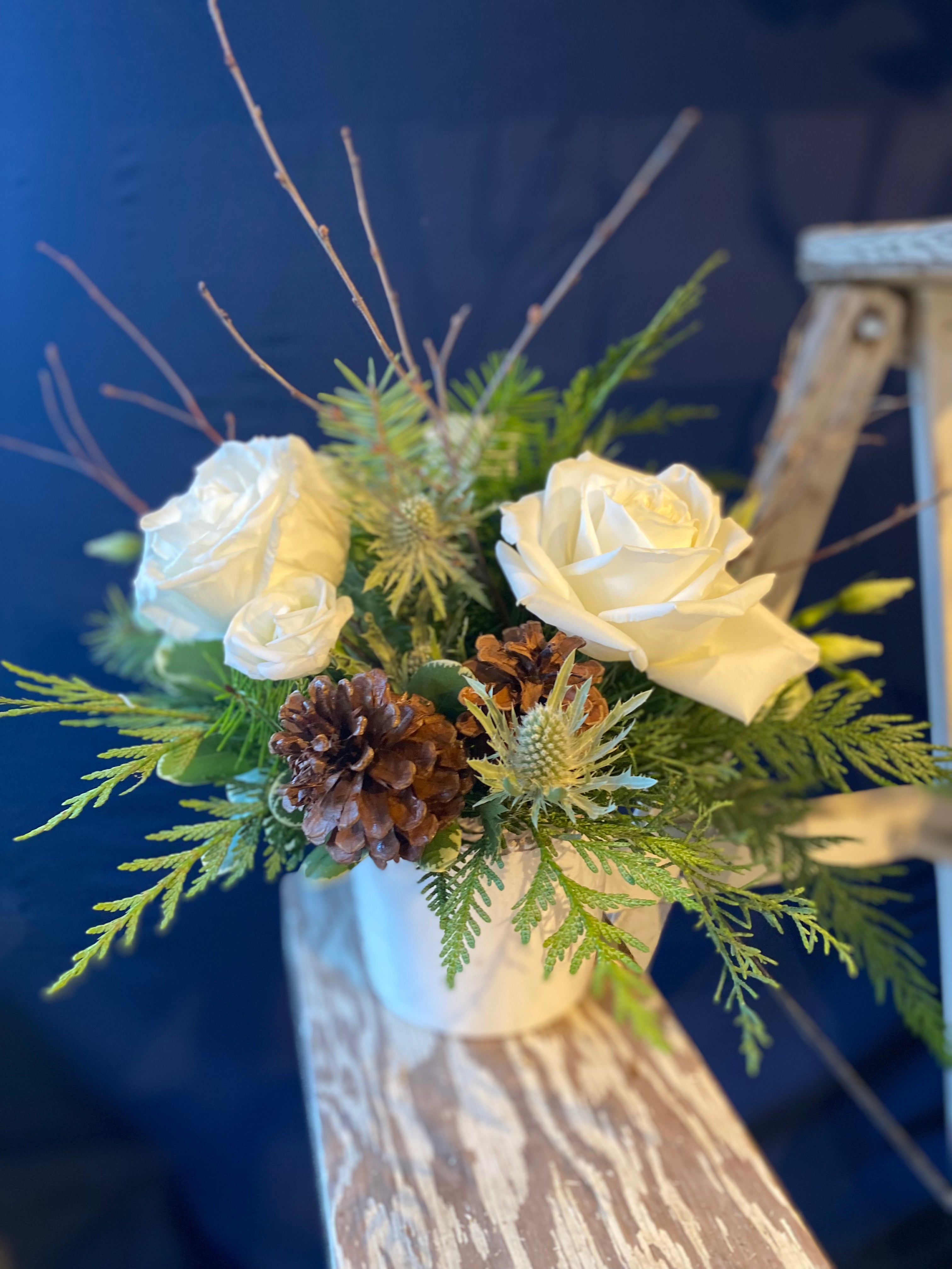 Natural White and Green Ceramic Vase with Pine Cones & Twigs - Medium Size Home Decor for Farmhouse, Rustic & Boho Style Living Rooms