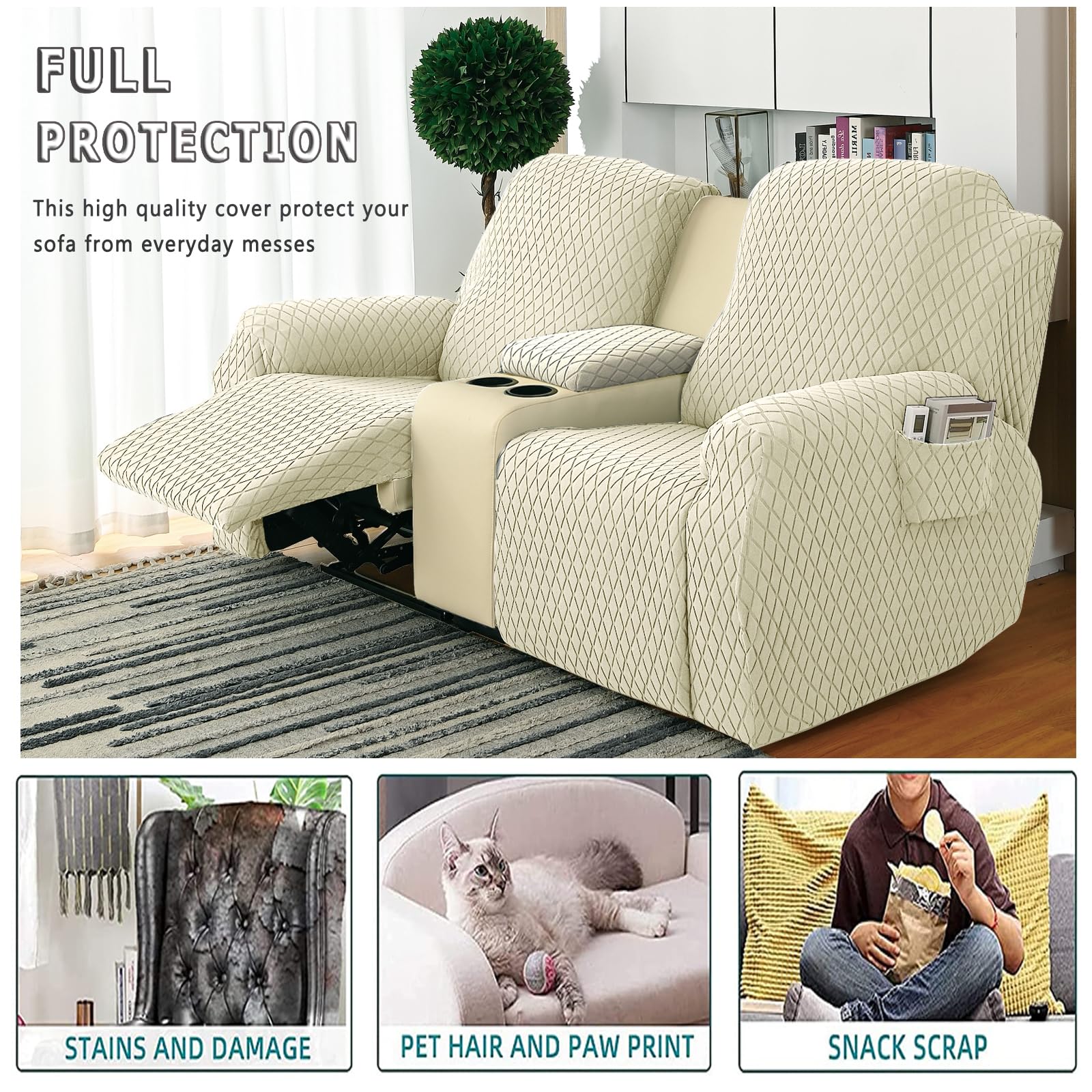 2 Seater Recliner Sofa Cover Protector - Thick Jacquard Slipcover with Pockets for Loveseat & Couch - Beige Furniture Protector for Living Room, Bedroom, and Home Theater Use