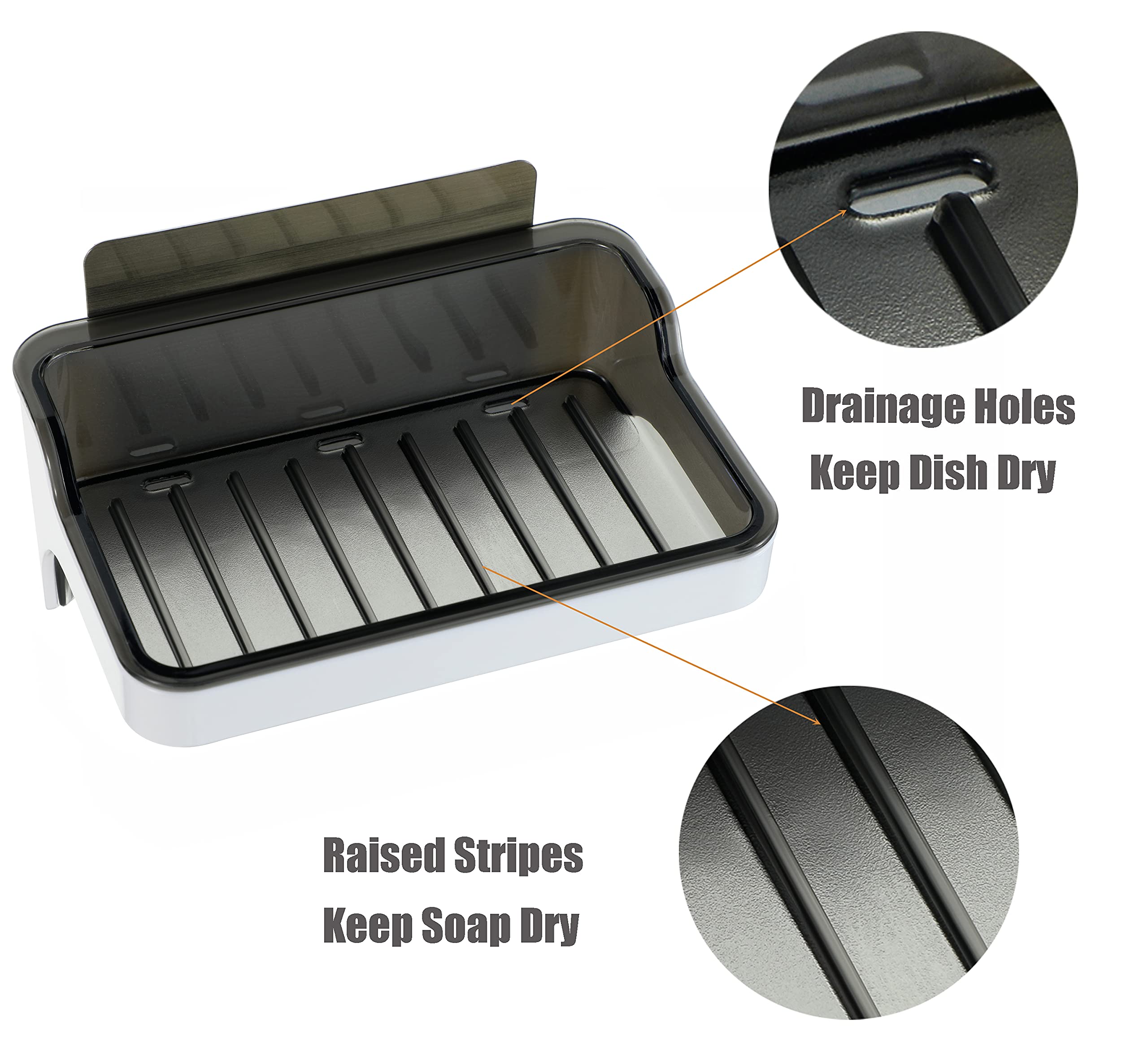 Wall Mounted Soap Dish with Hooks - No Drill Adhesive Soap Holder & Saver Tray with Drain for Shower, Bathroom, Kitchen | Bar Soap Organizer (White/Transparent Grey) - Perfect for Small Spaces & Travel
