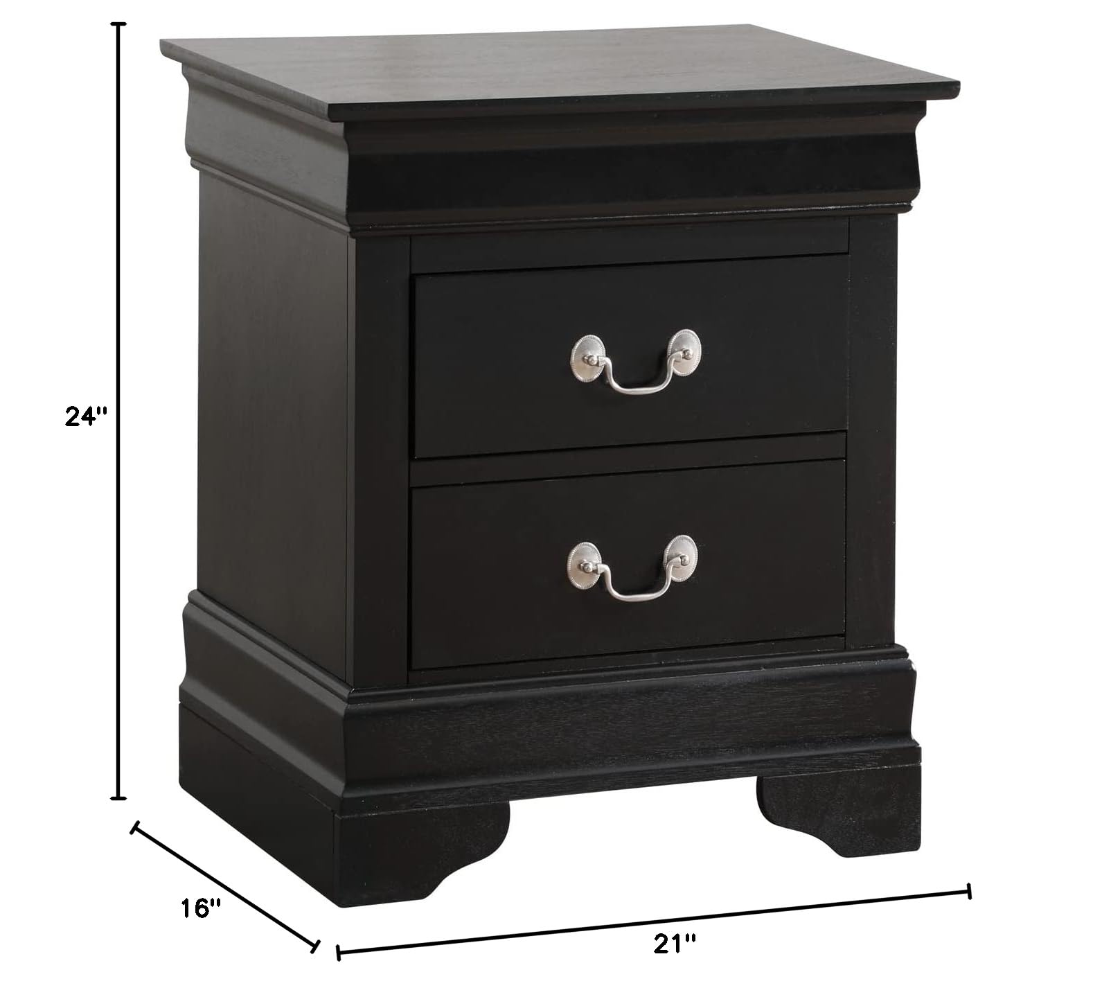 Glory Furniture Louis Phillipe 2 Drawer Nightstand in Black - Elegant Bedside Table for Bedroom Decor & Storage | Perfect for Master Bedroom, Guest Room, or Apartment