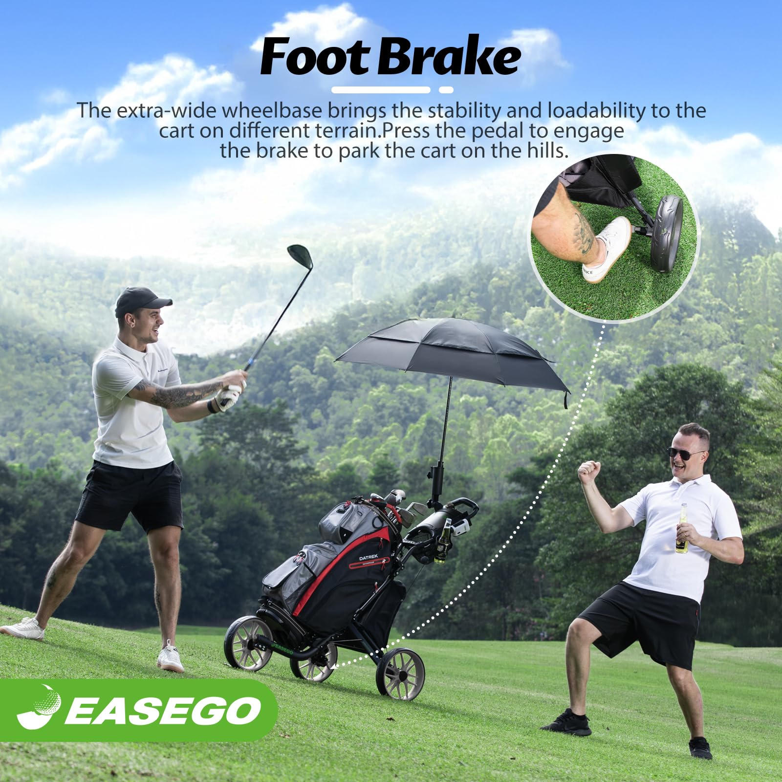 Premium 3-Wheel Golf Push Cart - Foldable Golf Bag Caddy with Phone Holder, Cup Holder & Umbrella Stand | Compact & Lightweight Design for Easy Transport | Ideal for All Terrains - Perfect for Golf Courses, Driving Ranges & Practice Sessions