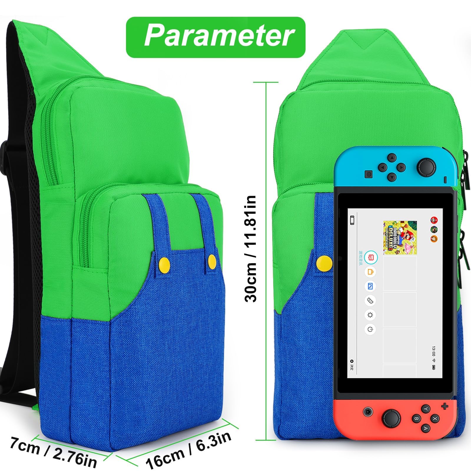 Nintendo Switch/Lite/OLED Travel Bag - Portable Sling Crossbody Shoulder Backpack for NS Console, Charging Dock, Joy-Cons & Accessories (Green & Blue) | Perfect for Gaming on the Go, Travel & Daily Commute