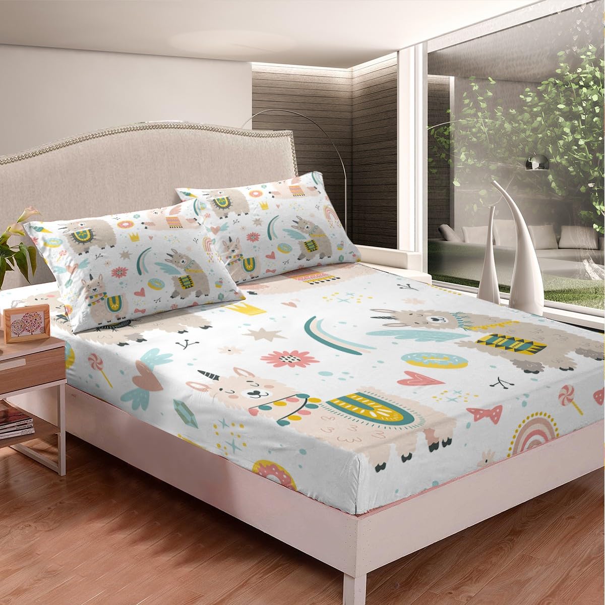 Alpaca Kids Bedding Set - Cute 3D Llama Donut Print Queen Size Bed Sheet Set for Boys & Girls - Cartoon Animal Theme Bed Cover - Perfect for Kids' Room, Nursery Decor & Birthday Gifts