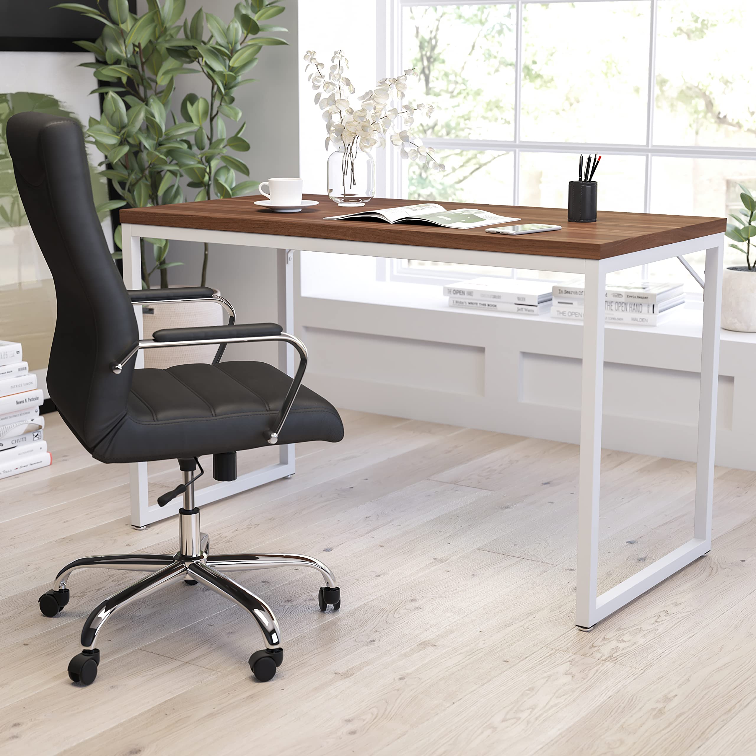 Merrick Lane Berlin 47 Inch Computer Desk - Walnut Wood Grain Finish & White Metal Frame - Home Office Desk for Small Spaces, Gaming & Study - Engineered Wood Workstation