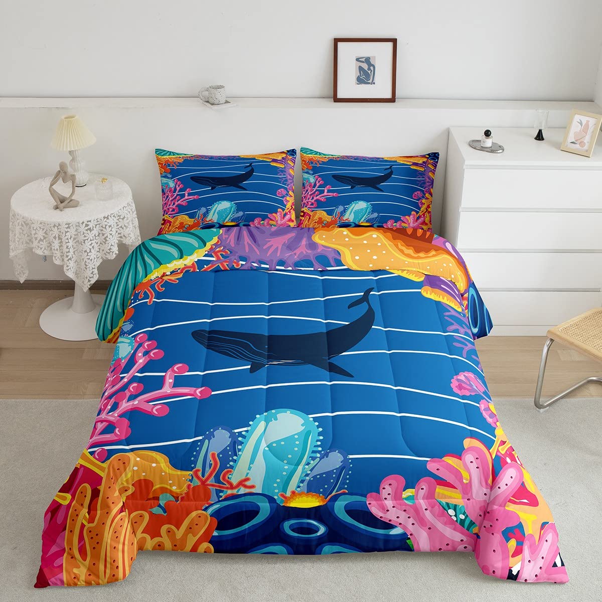 King Size Whale & Sealife Comforter Set - Blue Ocean Theme with Fish, Coral & Marine Animals | Watercolor Bedding 3-Piece Set for Adults | Perfect for Beach House, Nautical Bedroom or Ocean Lover's Home Decor