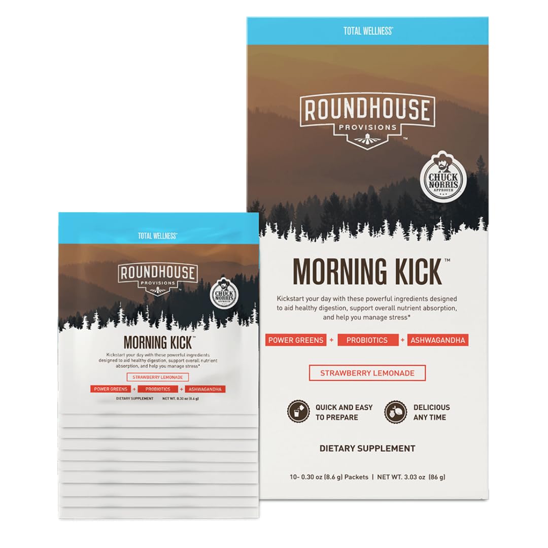 Morning Kick Travel Pack - Greens Superfood Powder with Ashwagandha, Collagen Peptides & Probiotics for Digestive Health & Energy Boost | 10 Servings Strawberry Lemonade Flavor | Perfect for Travel, Workouts & Daily Wellness Routine