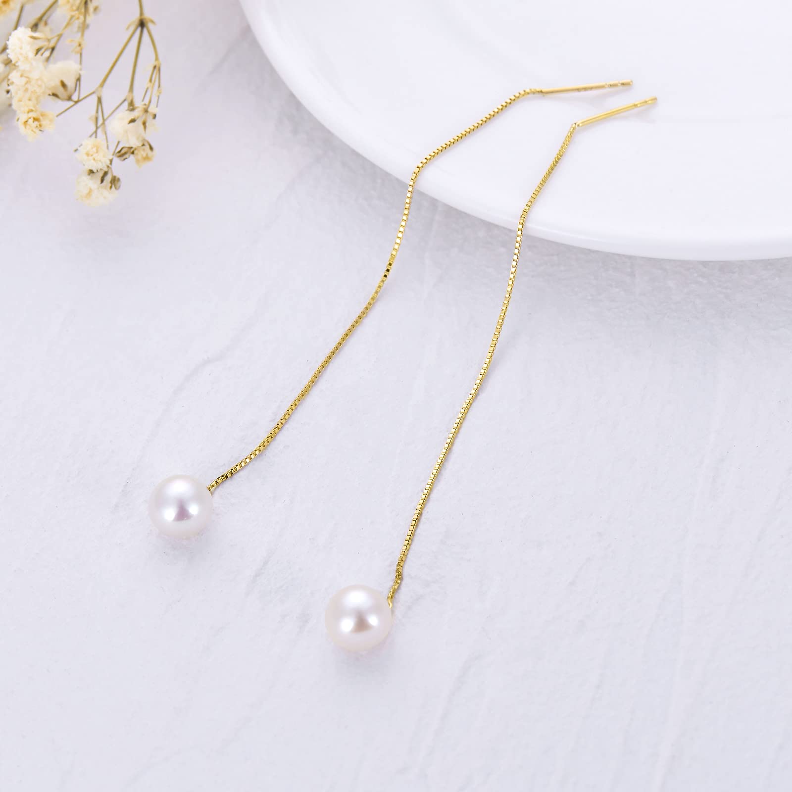 14Kt Solid Gold Pearl Dangle Earrings for Women - Elegant Freshwater Cultured Pearl Threader Drop Earrings with Durable Gold Box Chain | Perfect Gift for Her, Birthday, Anniversary & Special Occasions