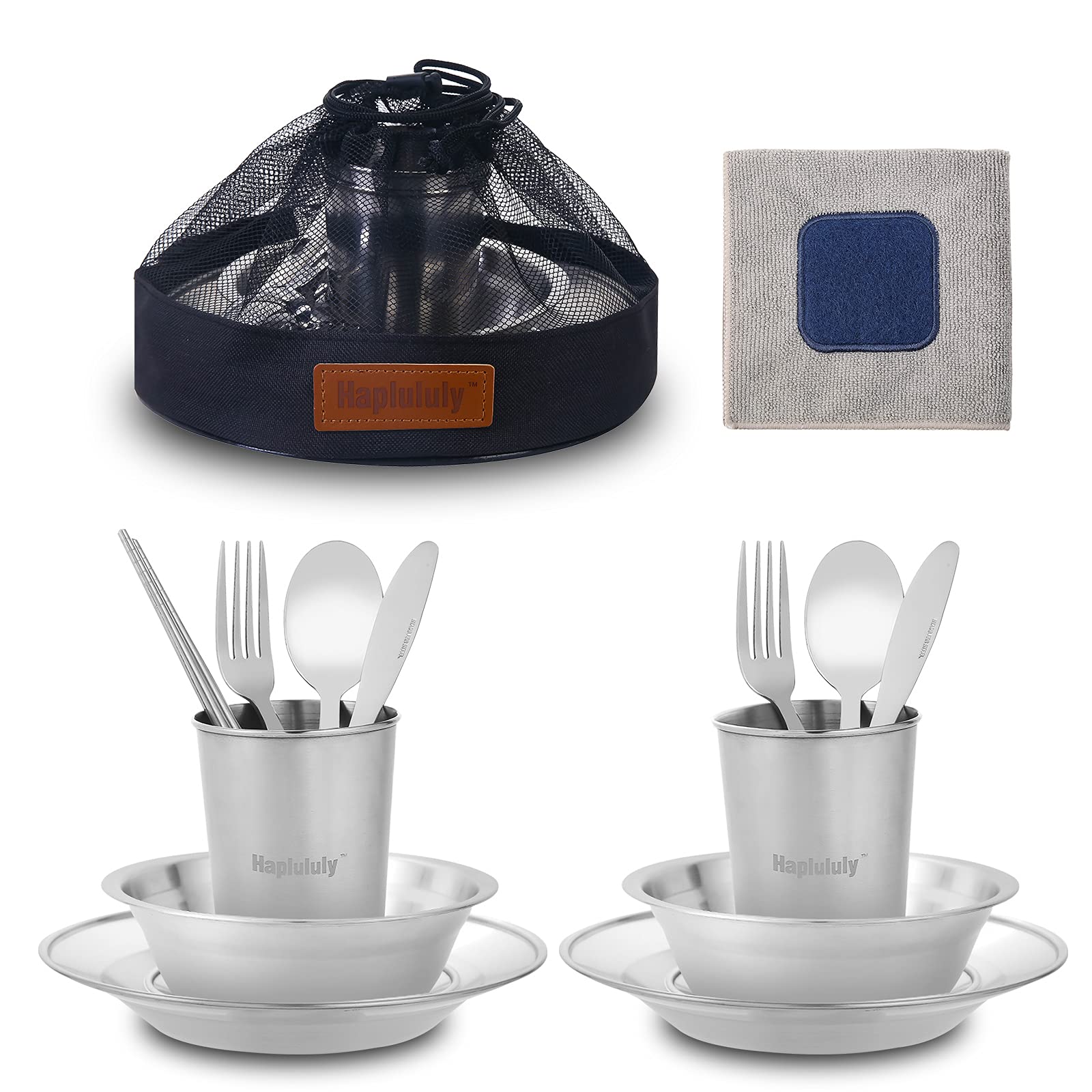 Premium Stainless Steel Camping Utensil Set - 18-Piece Outdoor Dinnerware Kit with Plates, Bowls, Cups & Cutlery | Durable & Lightweight for Camping, Hiking, Picnics & RV Travel | Includes Convenient Mesh Storage Bag
