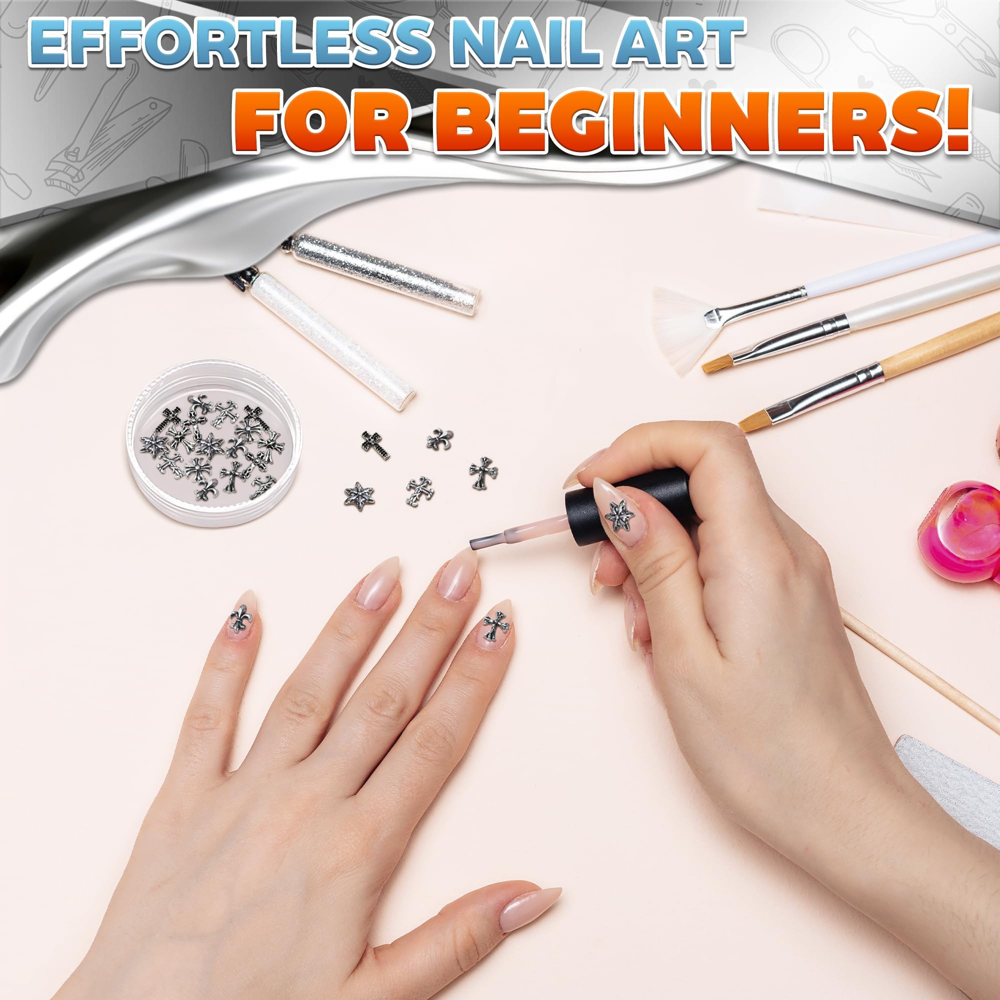 100 Pcs Silver Cross Nail Charms & Gems for Nail Art - Bulk 3D Y2K Nail Jewelry for DIY Nail Designs - Perfect for Parties, Weddings, and Salon Nail Decoration