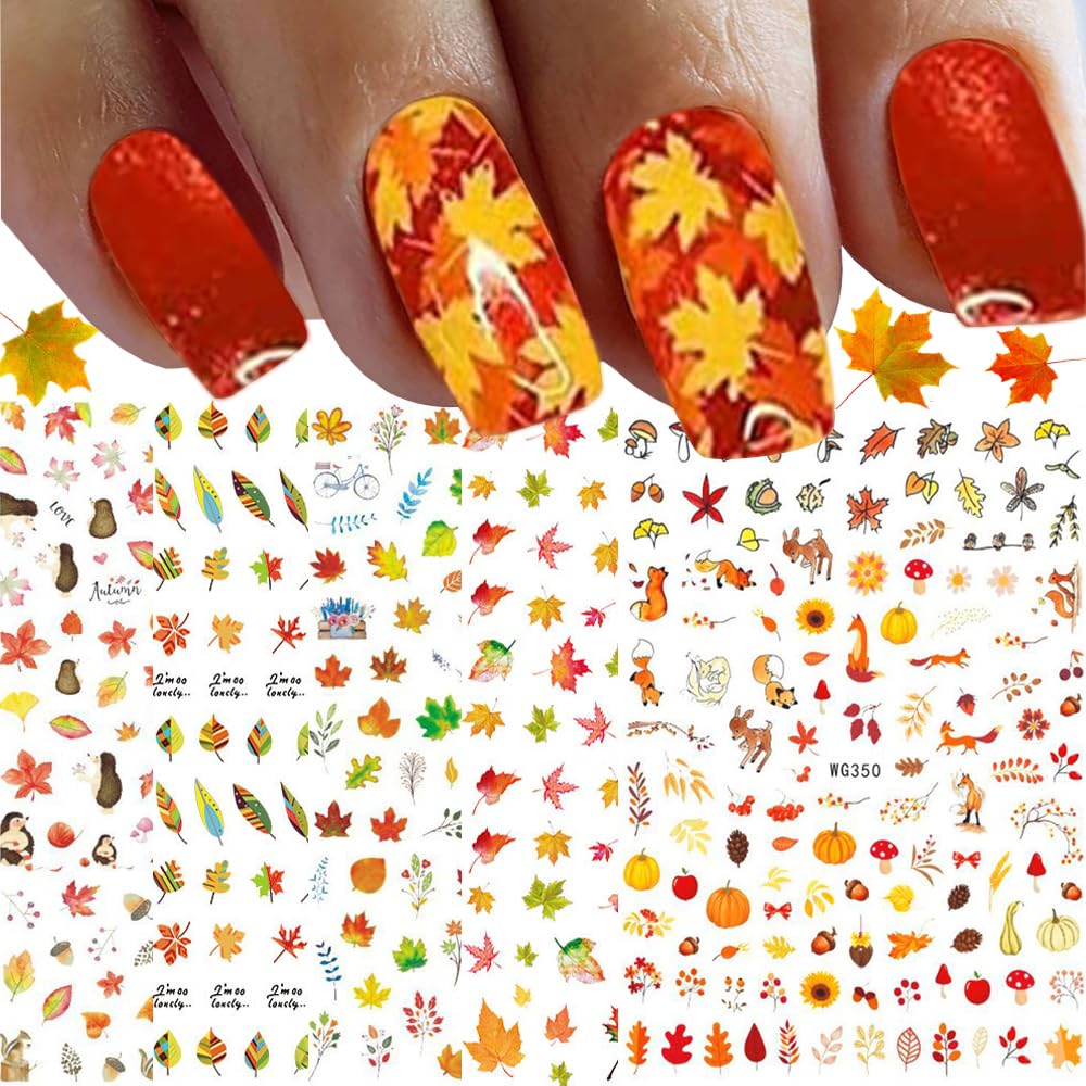 3D Self-Adhesive Fall Nail Stickers - Autumn Maple Leaf Nail Art Decals for Acrylic Nails | Thanksgiving Nail Accessories for Women, Girls & Kids (8 Sheets) | Perfect for Halloween, Thanksgiving Parties & Seasonal Nail Art Designs